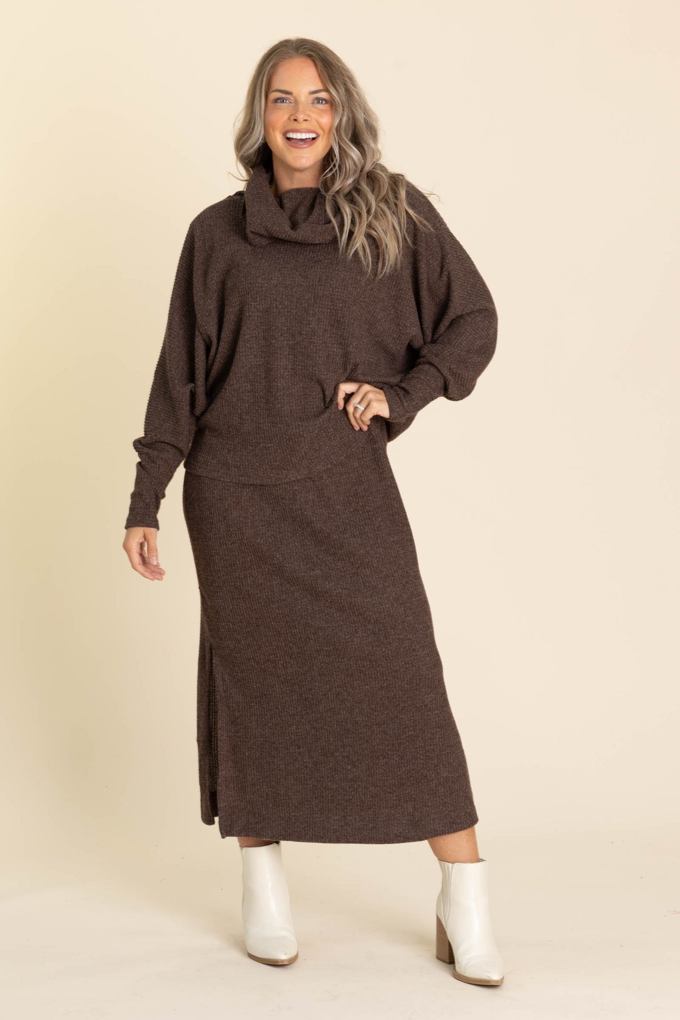 Brown Knit Long Sleeve Cowl Neck And Dress Set