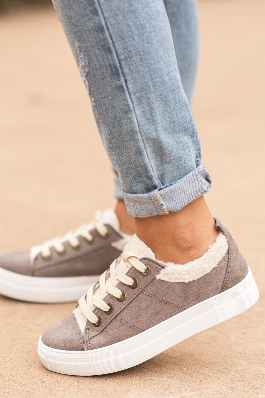 Grey and Beige Lace Up Sneakers - Filly Flair