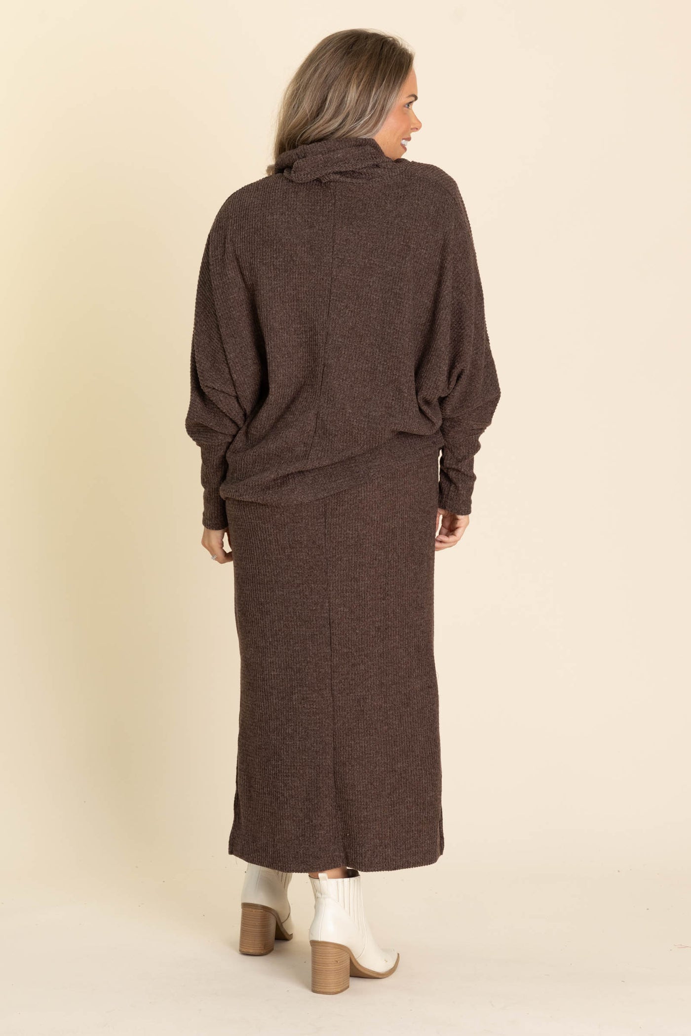 Brown Knit Long Sleeve Cowl Neck And Dress Set