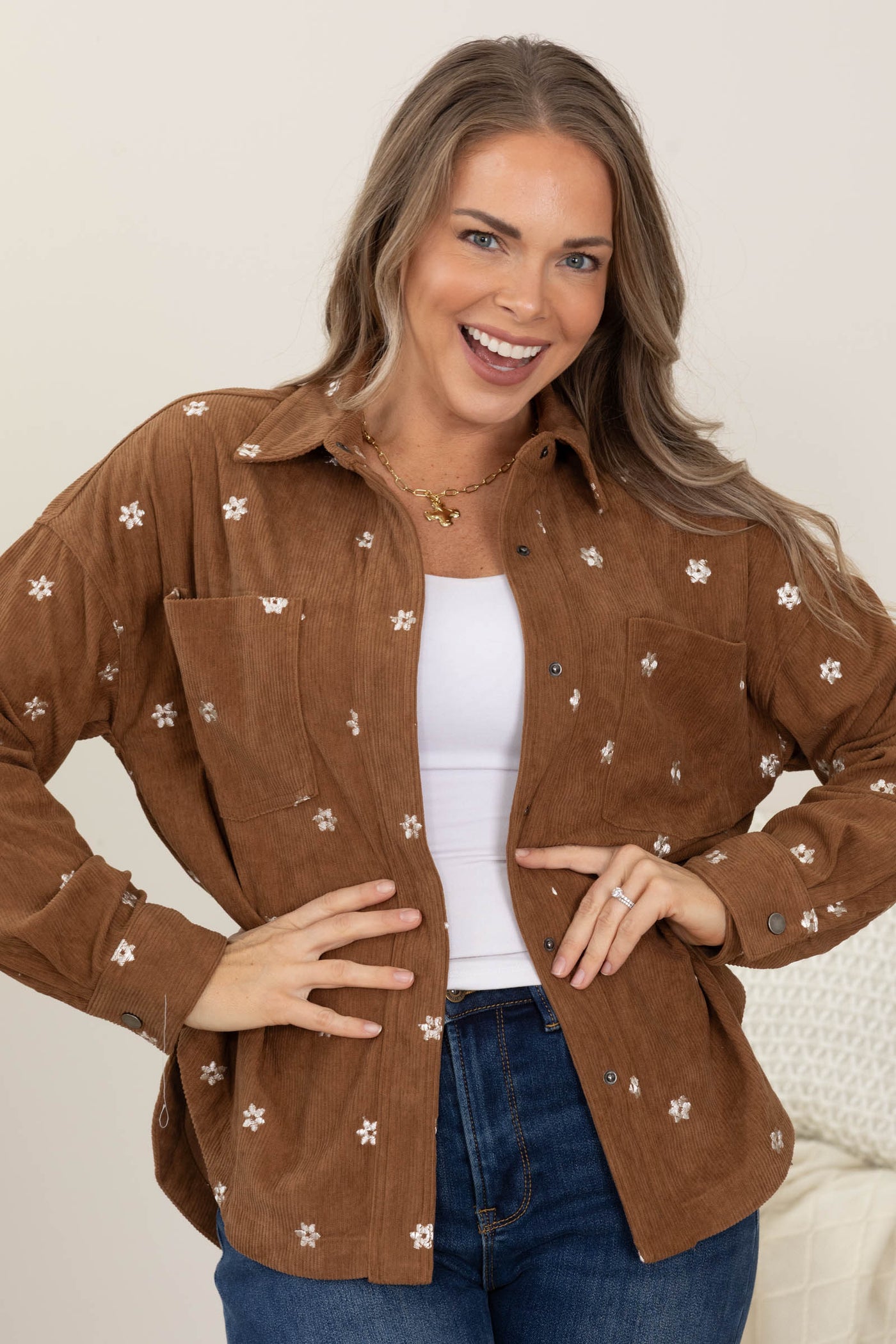 Camel Floral Embroidery Oversized Corduroy Top