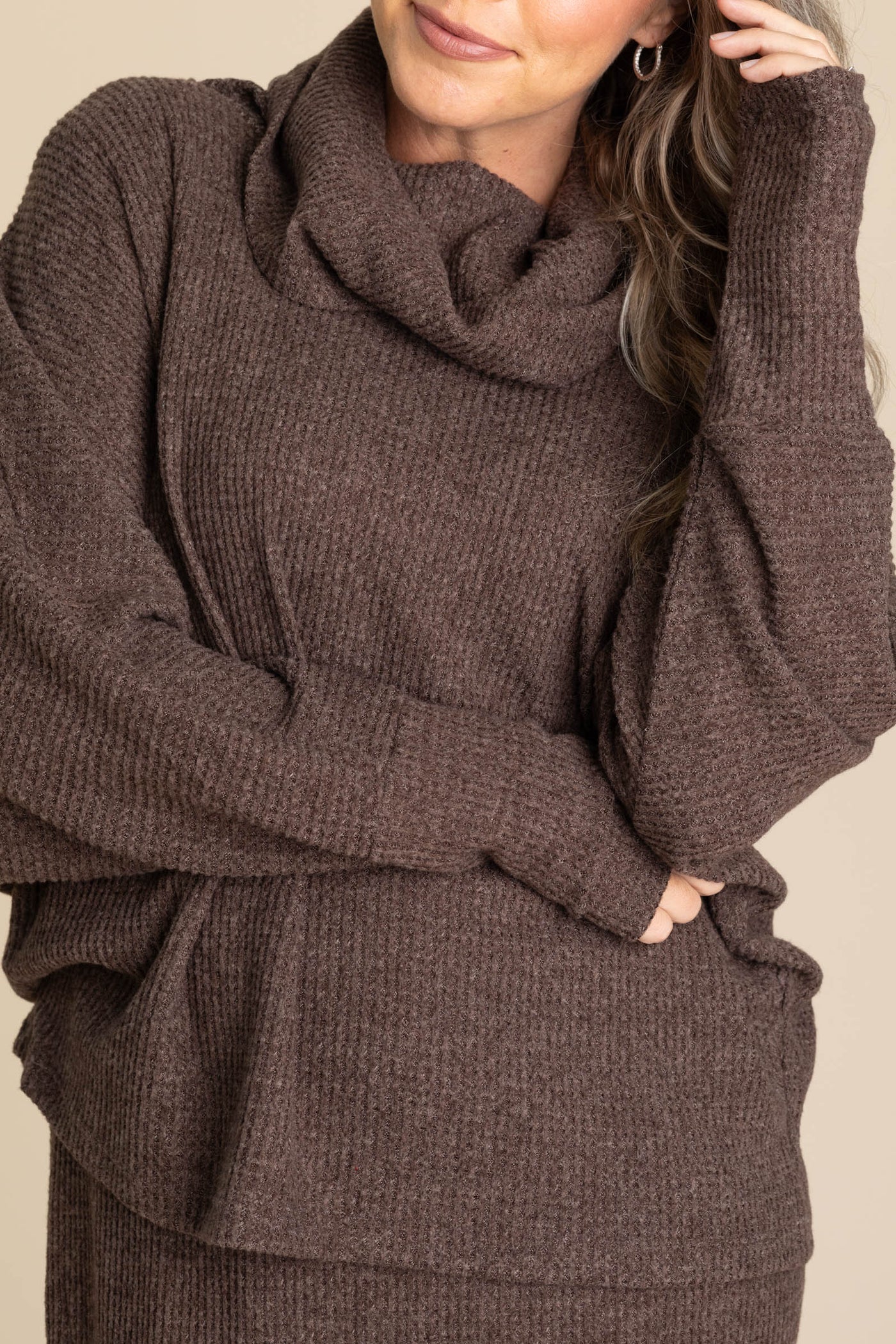 Brown Knit Long Sleeve Cowl Neck And Dress Set