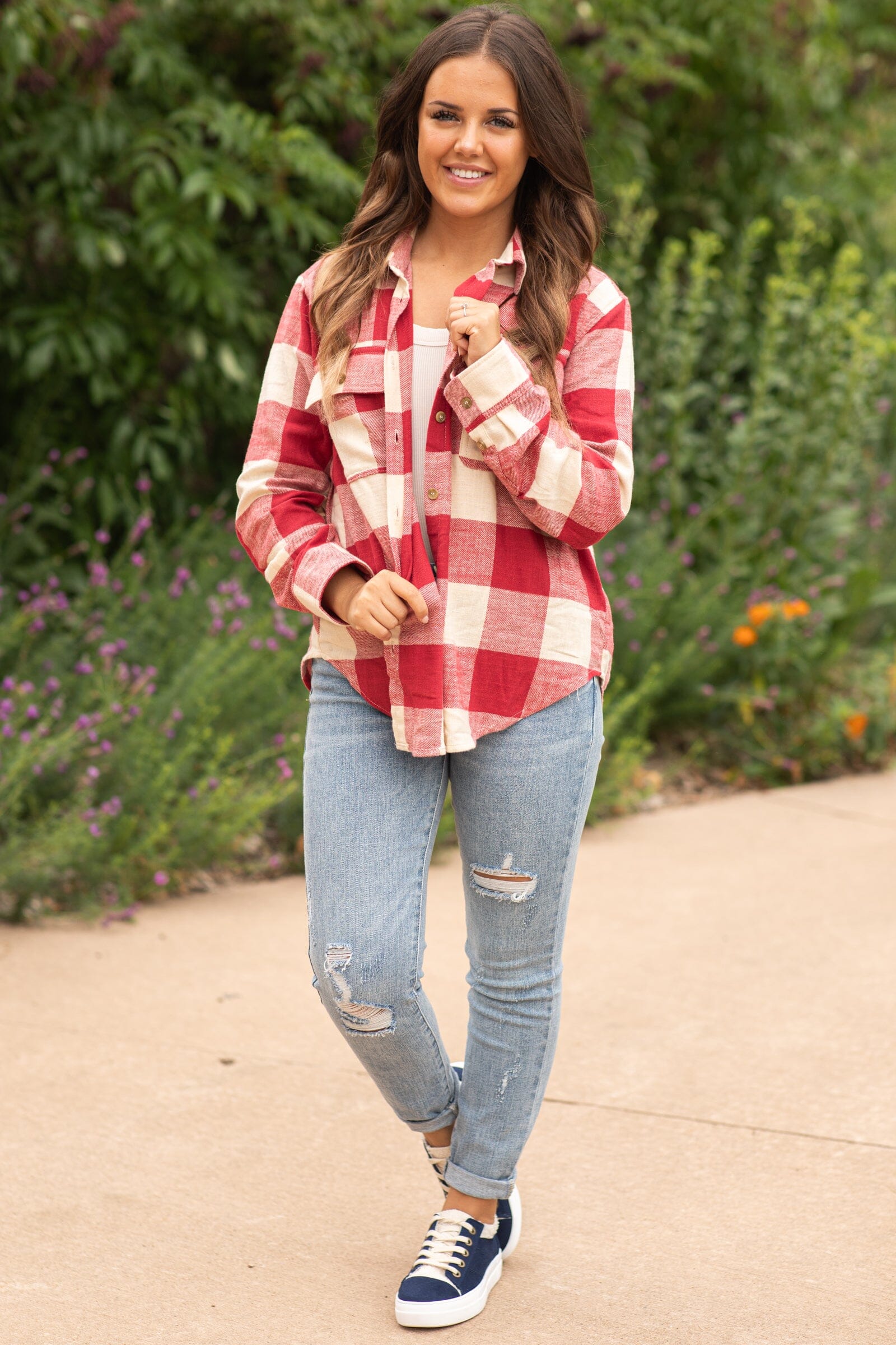 Dark Red and Beige Plaid Button Up Top - Filly Flair