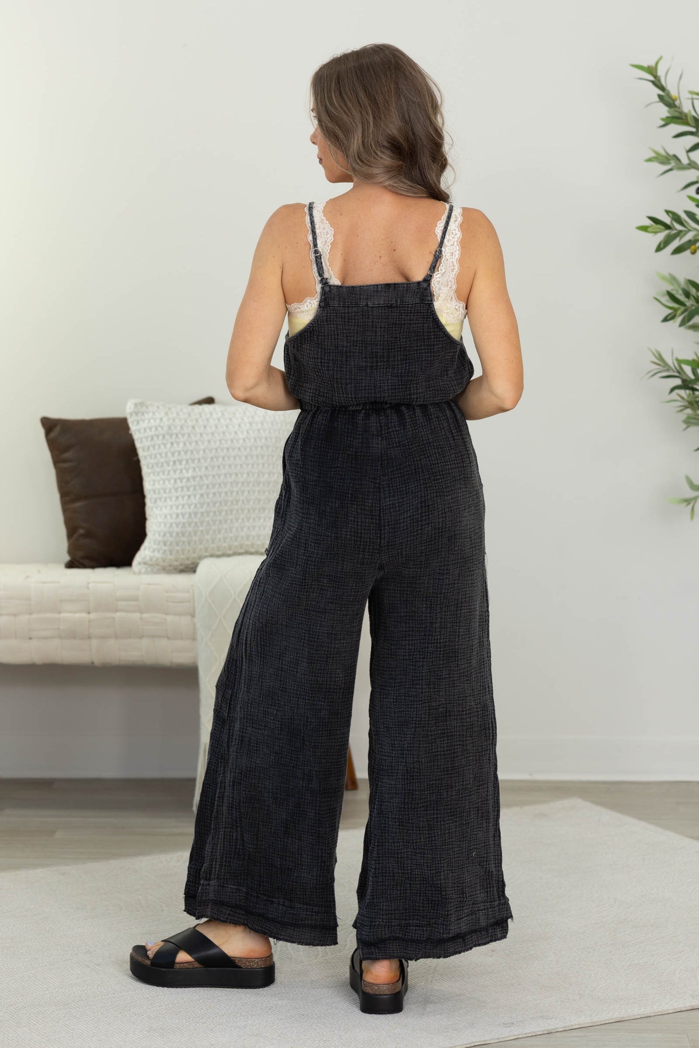 Black Washed Sleeveless Cotton Gauze Jumpsuit