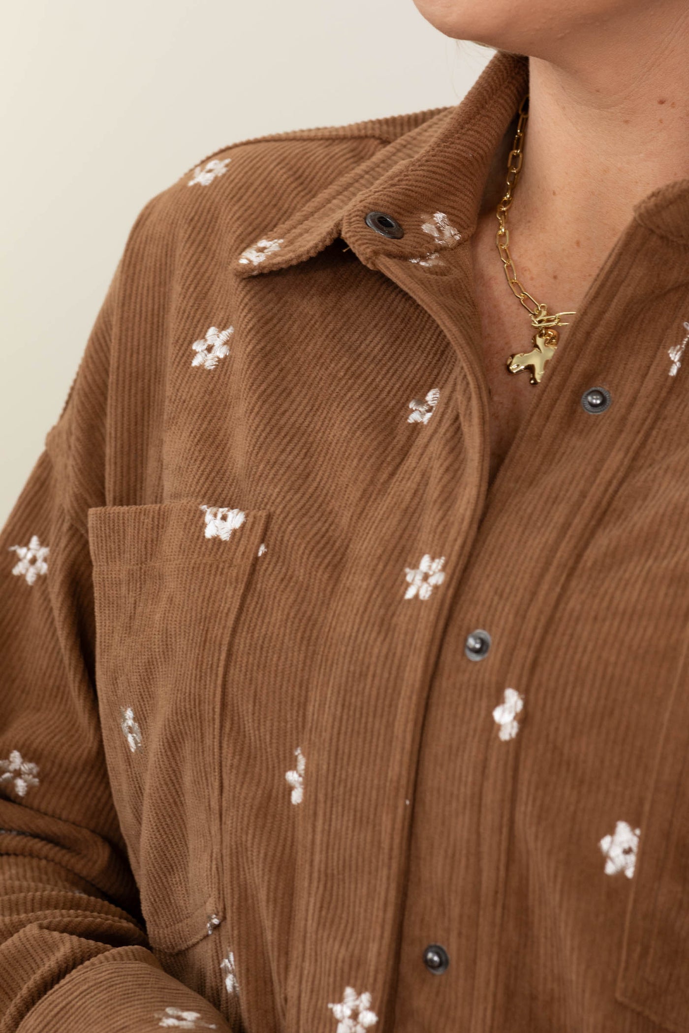 Camel Floral Embroidery Oversized Corduroy Top