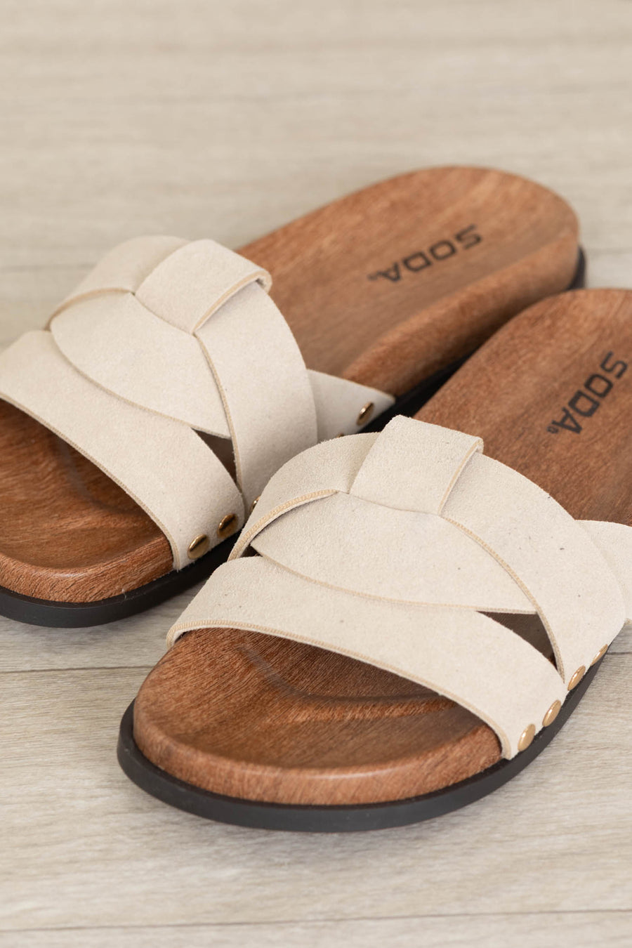 Beige Slide Sandal With Stud Detail