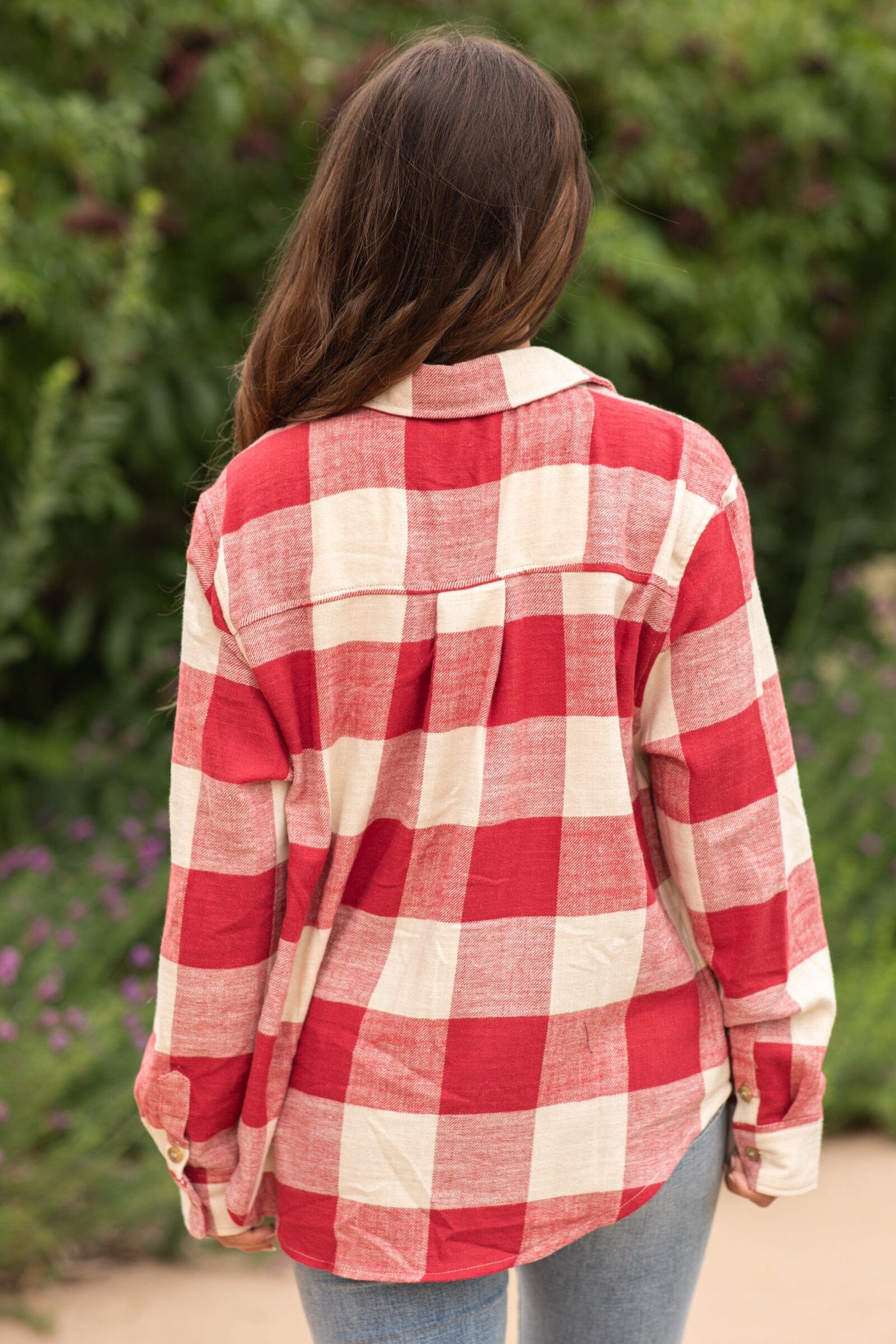 Dark Red and Beige Plaid Button Up Top - Filly Flair