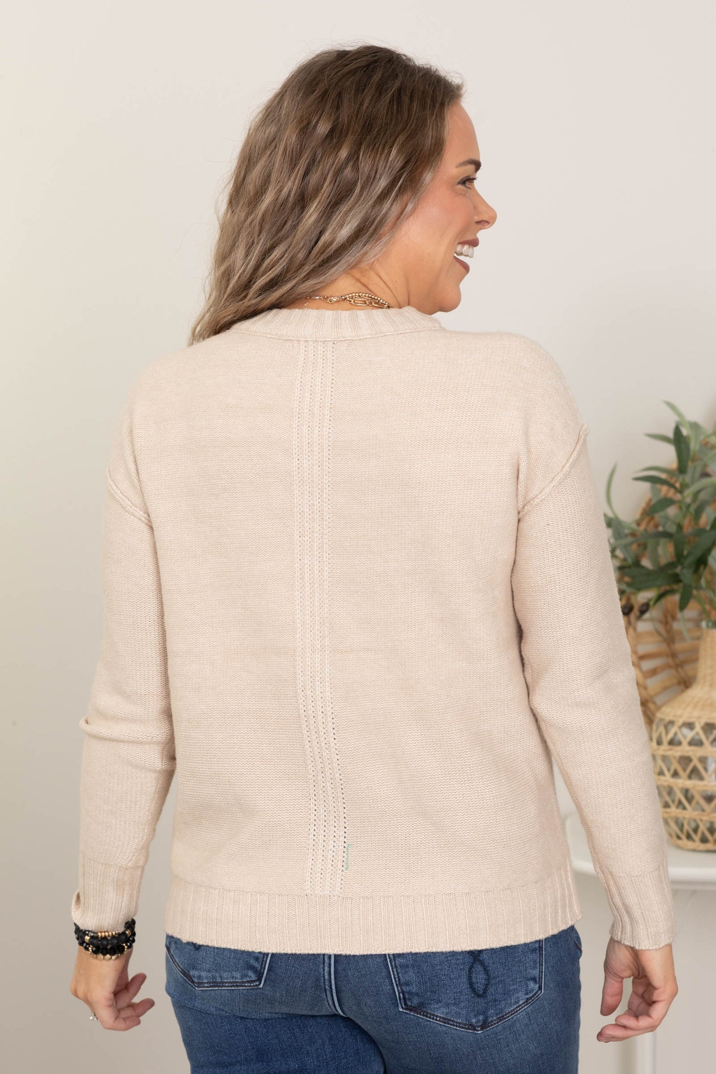 Beige Outside Seam Detail Knit Sweater