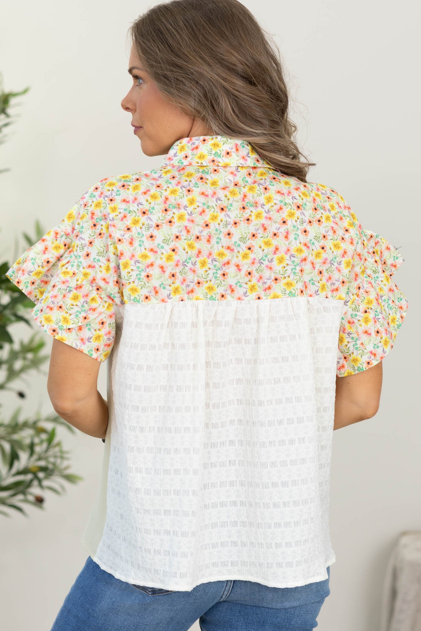 Yellow Button Down Floral Colorblock Top- 100% Cotton