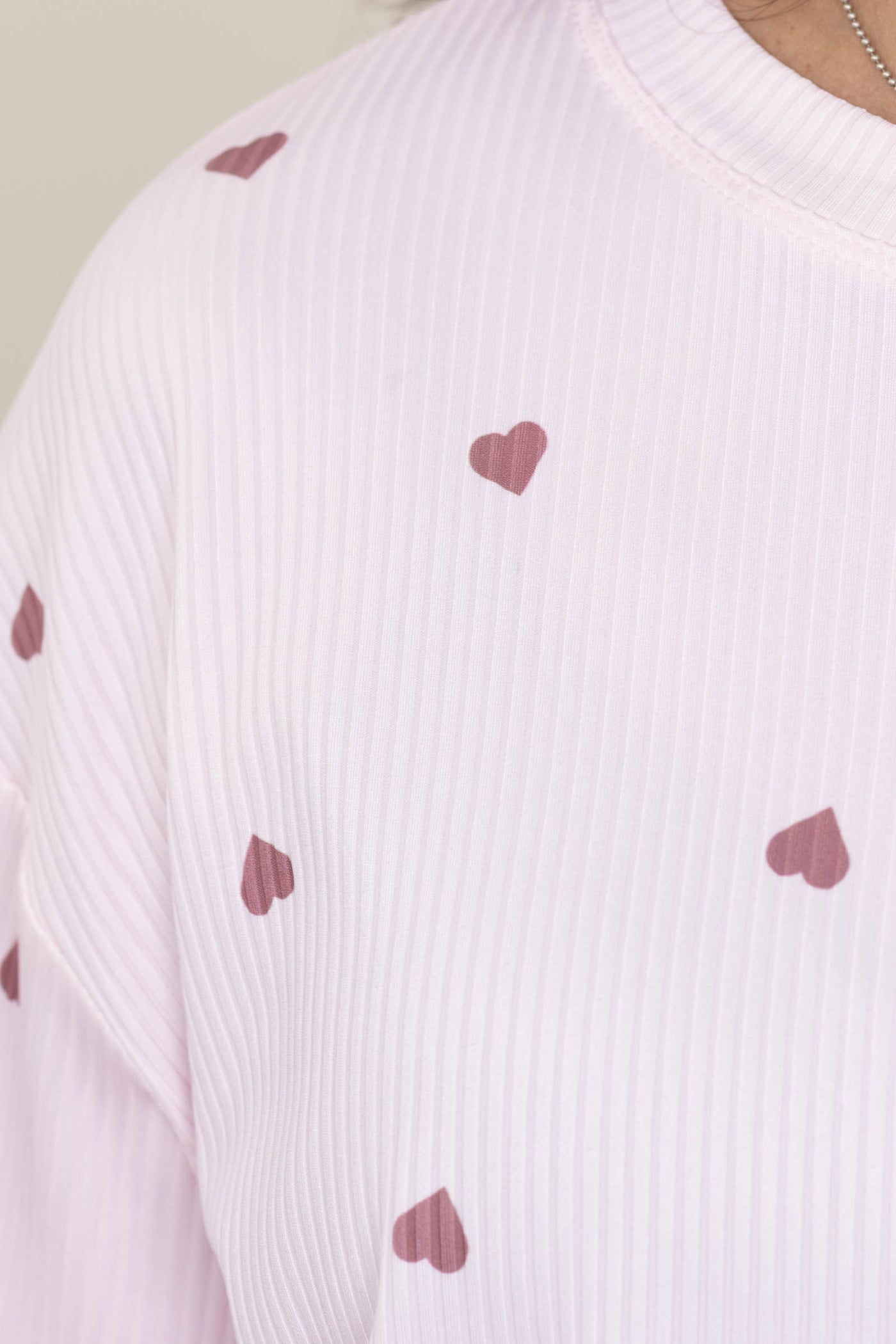Light Pink Heart Pattern Rib Knit Top & Shorts Set