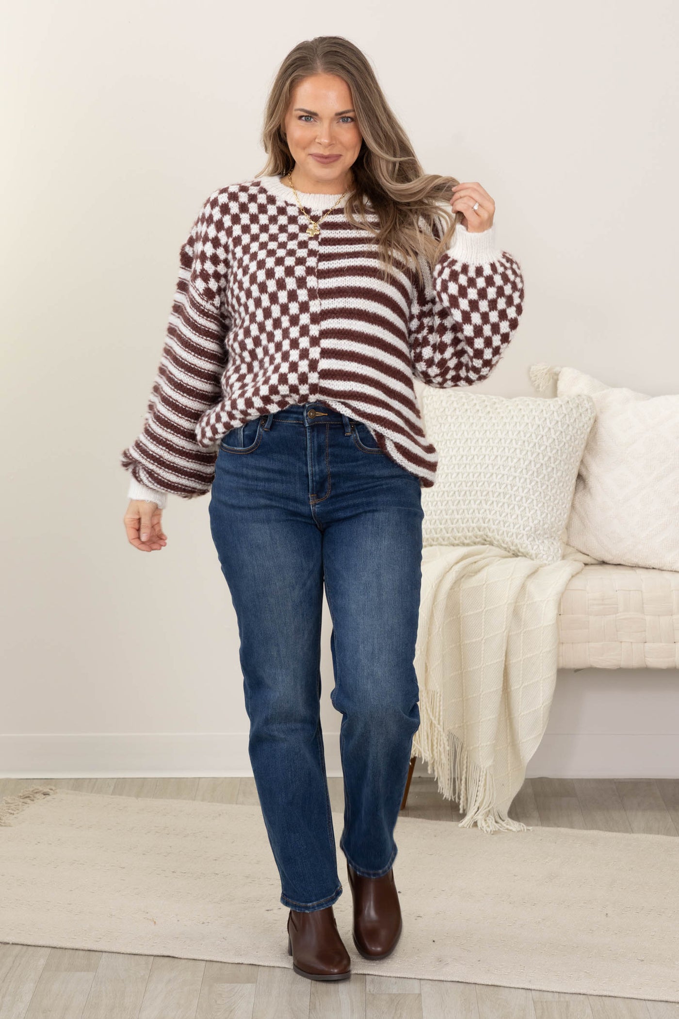 Brown And Ivory Check And Stripe Sweater