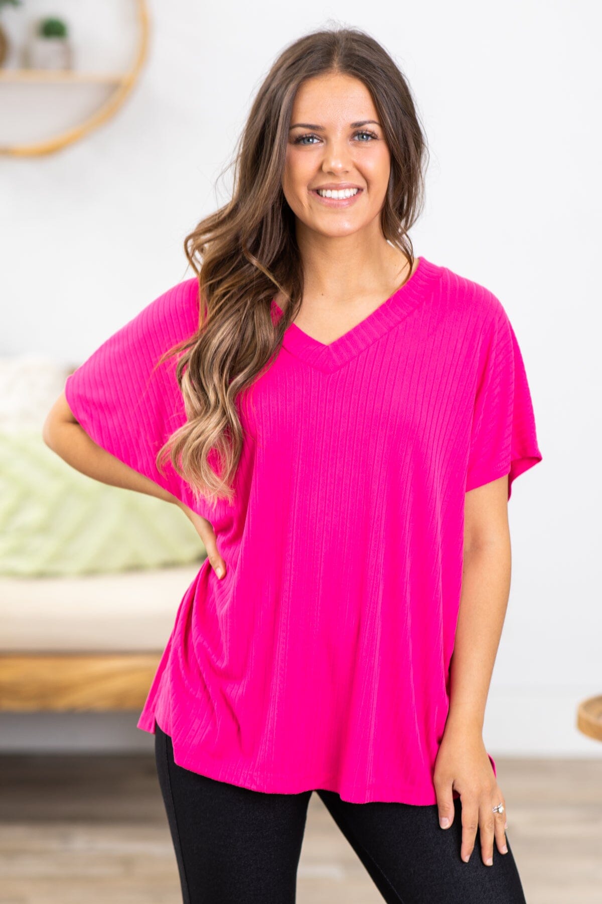 Hot Pink Ribbed V-Neck Short Sleeve Top - Filly Flair