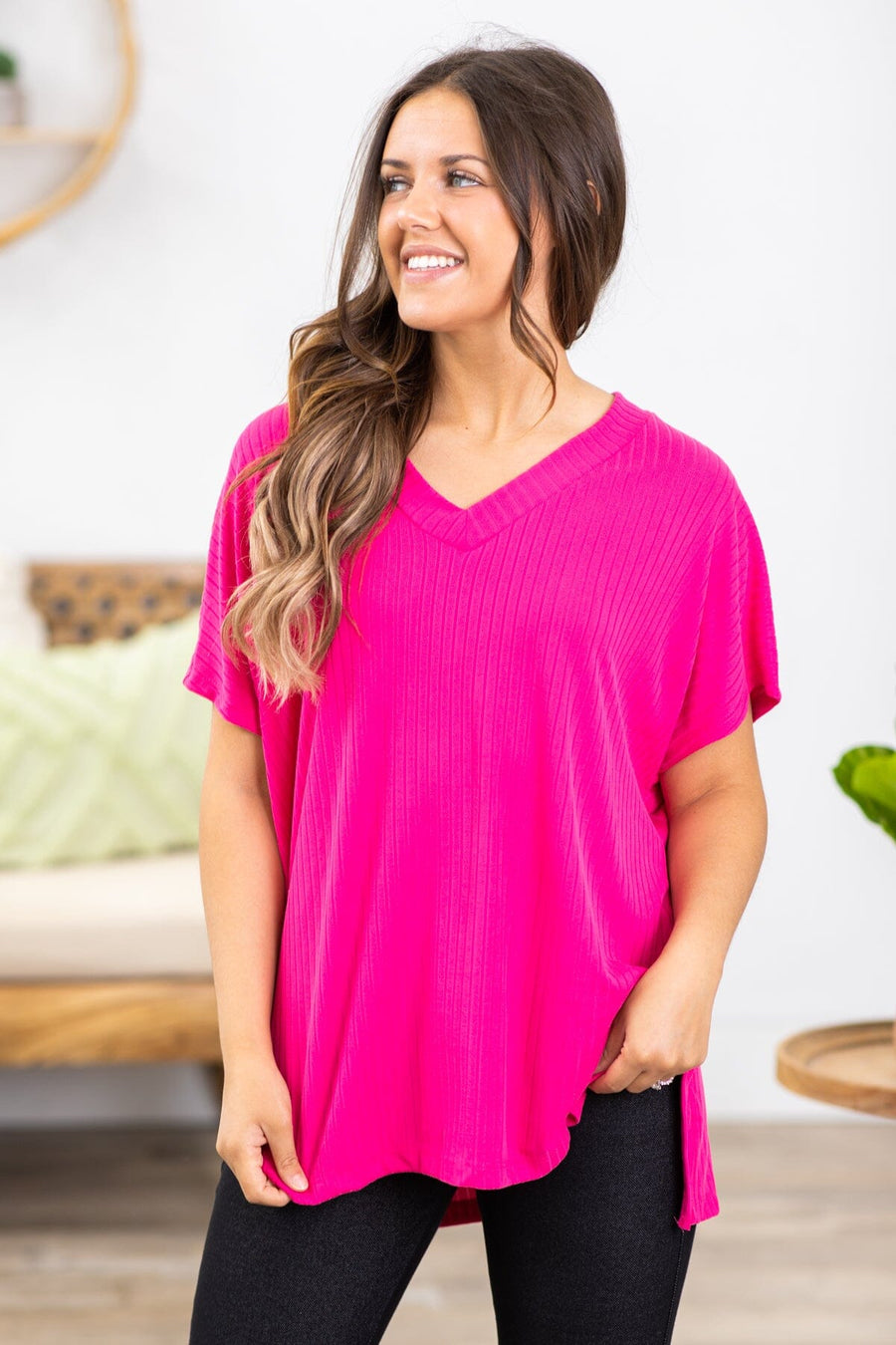Hot Pink Ribbed V-Neck Short Sleeve Top - Filly Flair