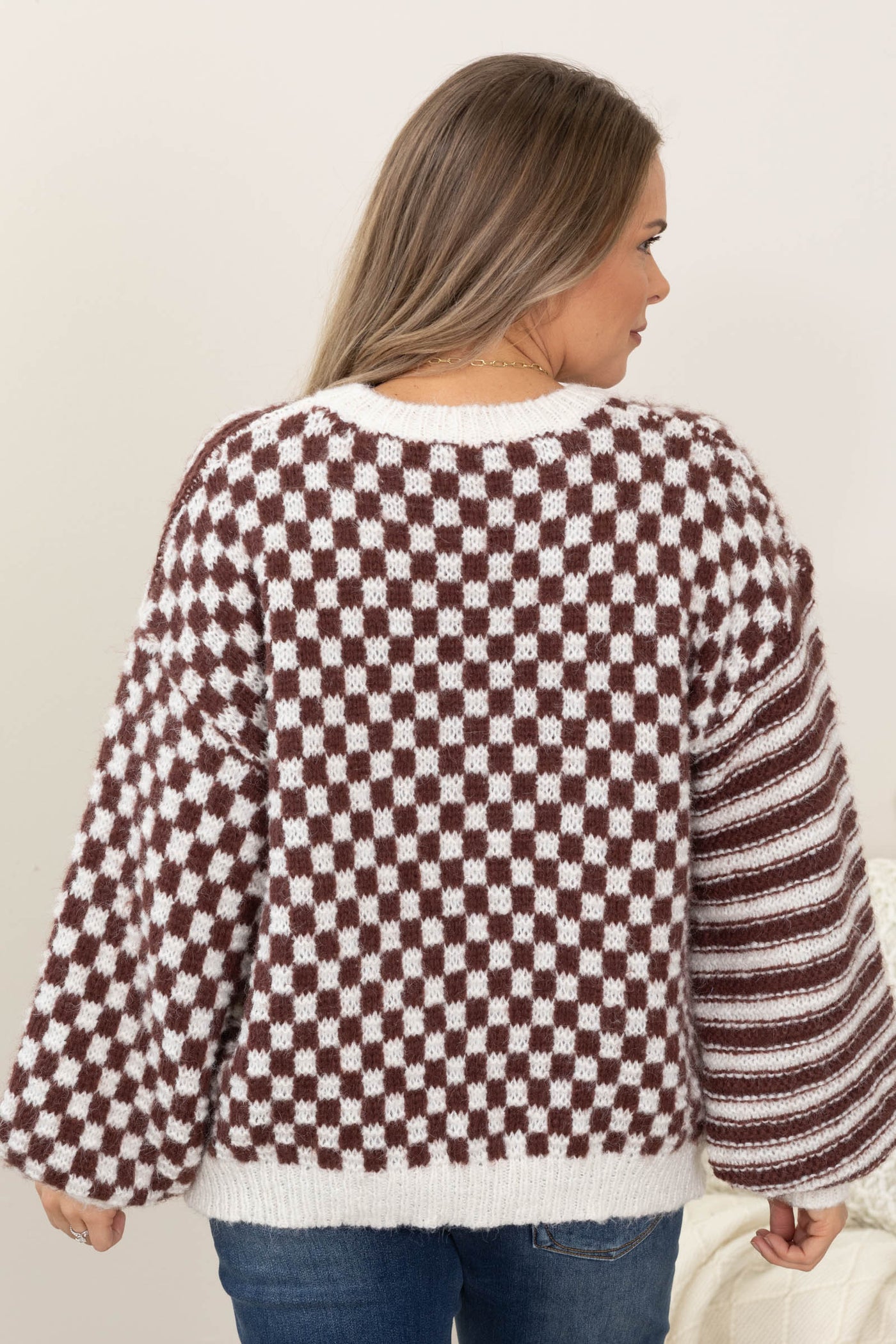 Brown And Ivory Check And Stripe Sweater