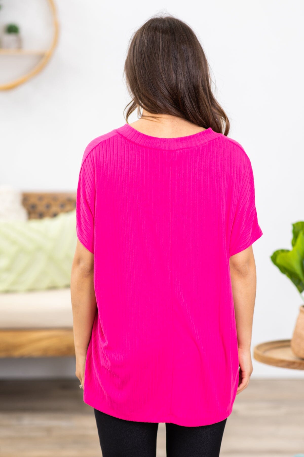 Hot Pink Ribbed V-Neck Short Sleeve Top - Filly Flair