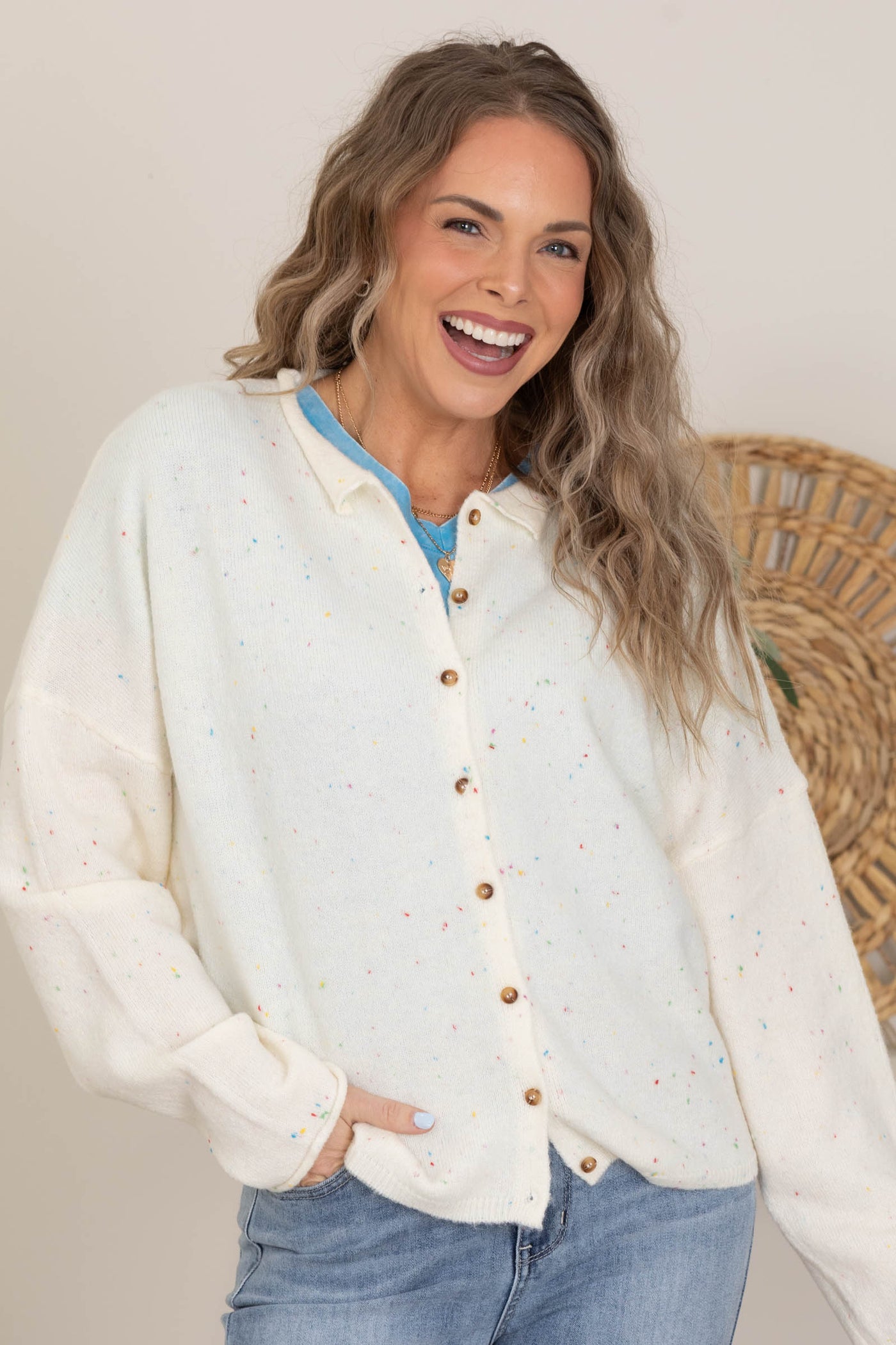 Cream Confetti Collared Button Down Cardigan