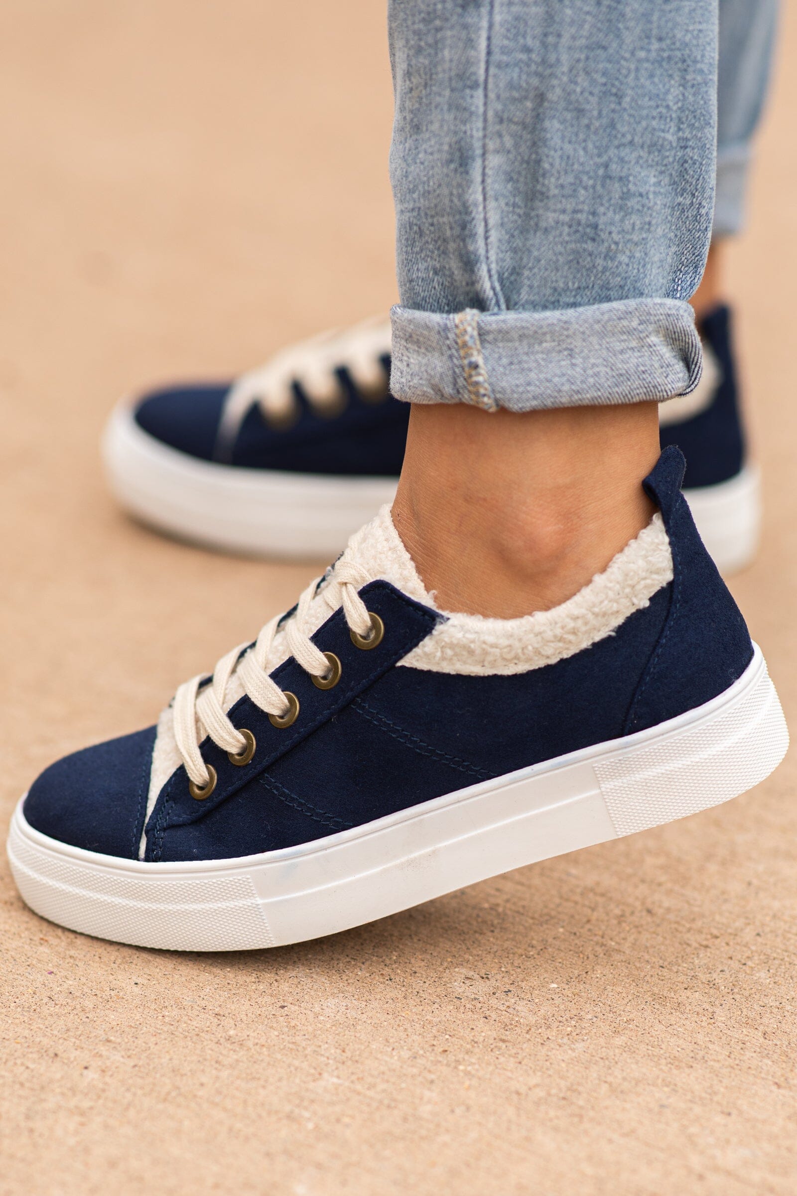 Navy and Beige Lace Up Sneakers - Filly Flair