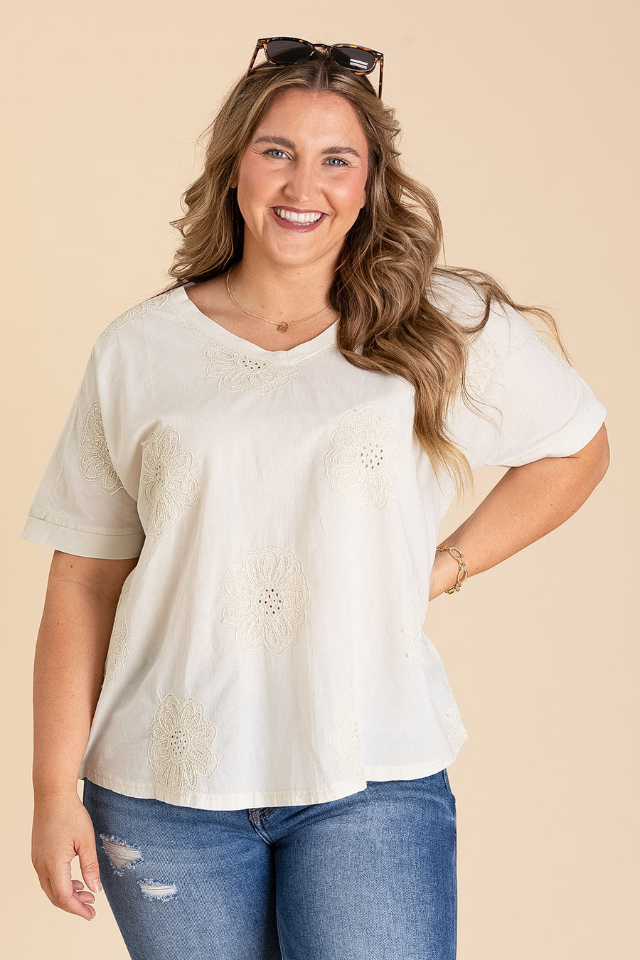 Beige Embroidery Floral Knit Top