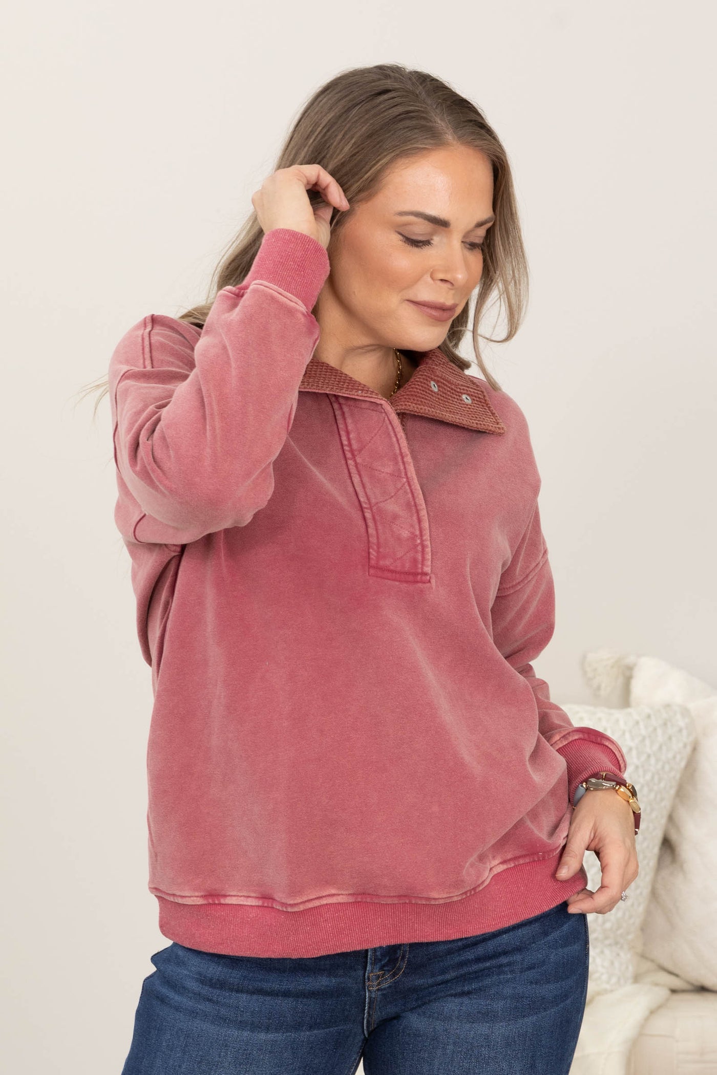 Red Vintage Thermal Contrast Knit Sweatshirt