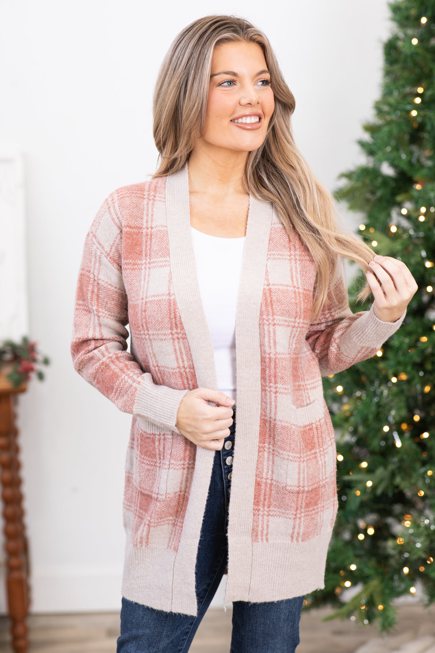 Dusty Rose and Beige Plaid Cardigan