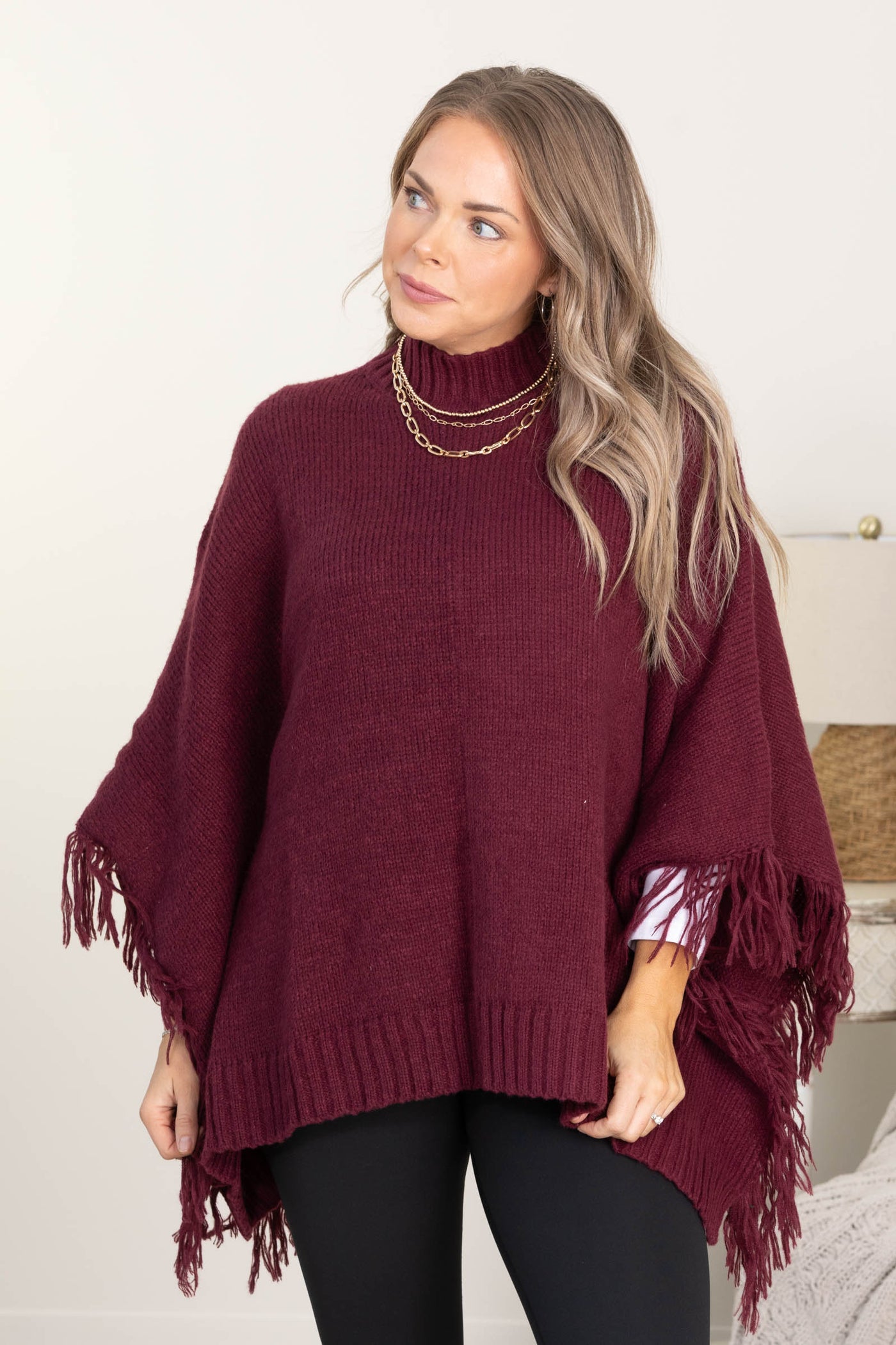 Burgundy Poncho Top With Fringe Detail