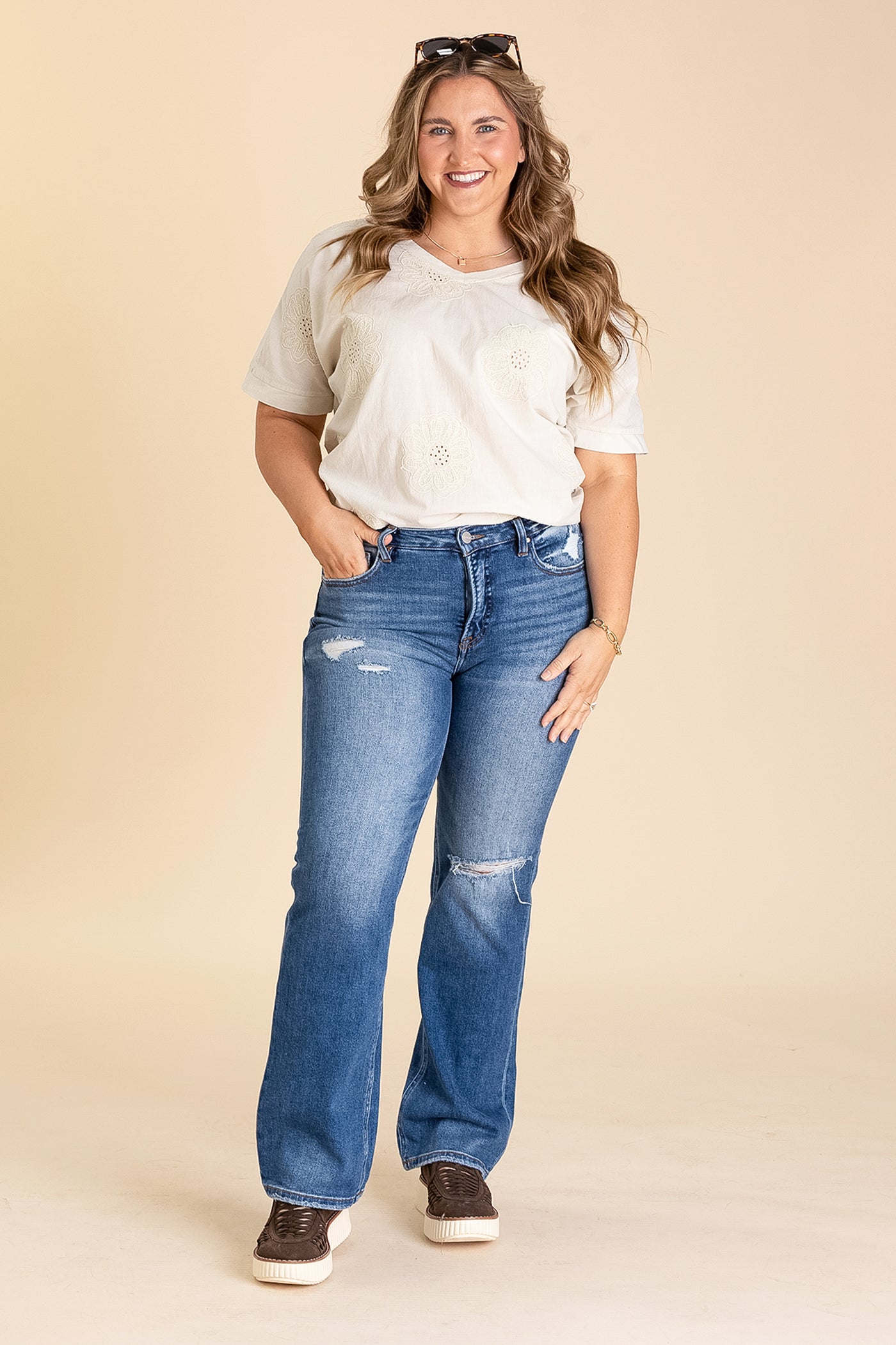 Beige Embroidery Floral Knit Top