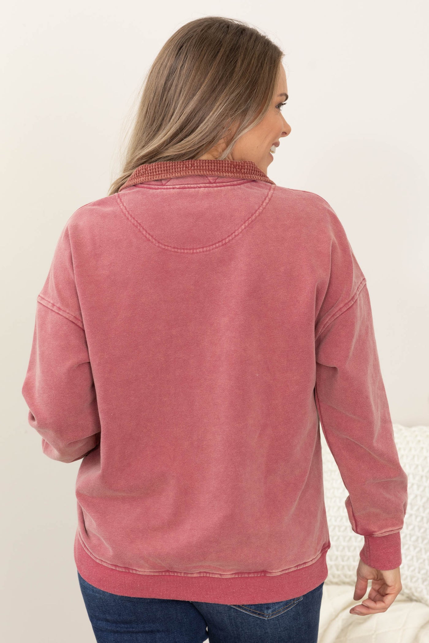 Red Vintage Thermal Contrast Knit Sweatshirt