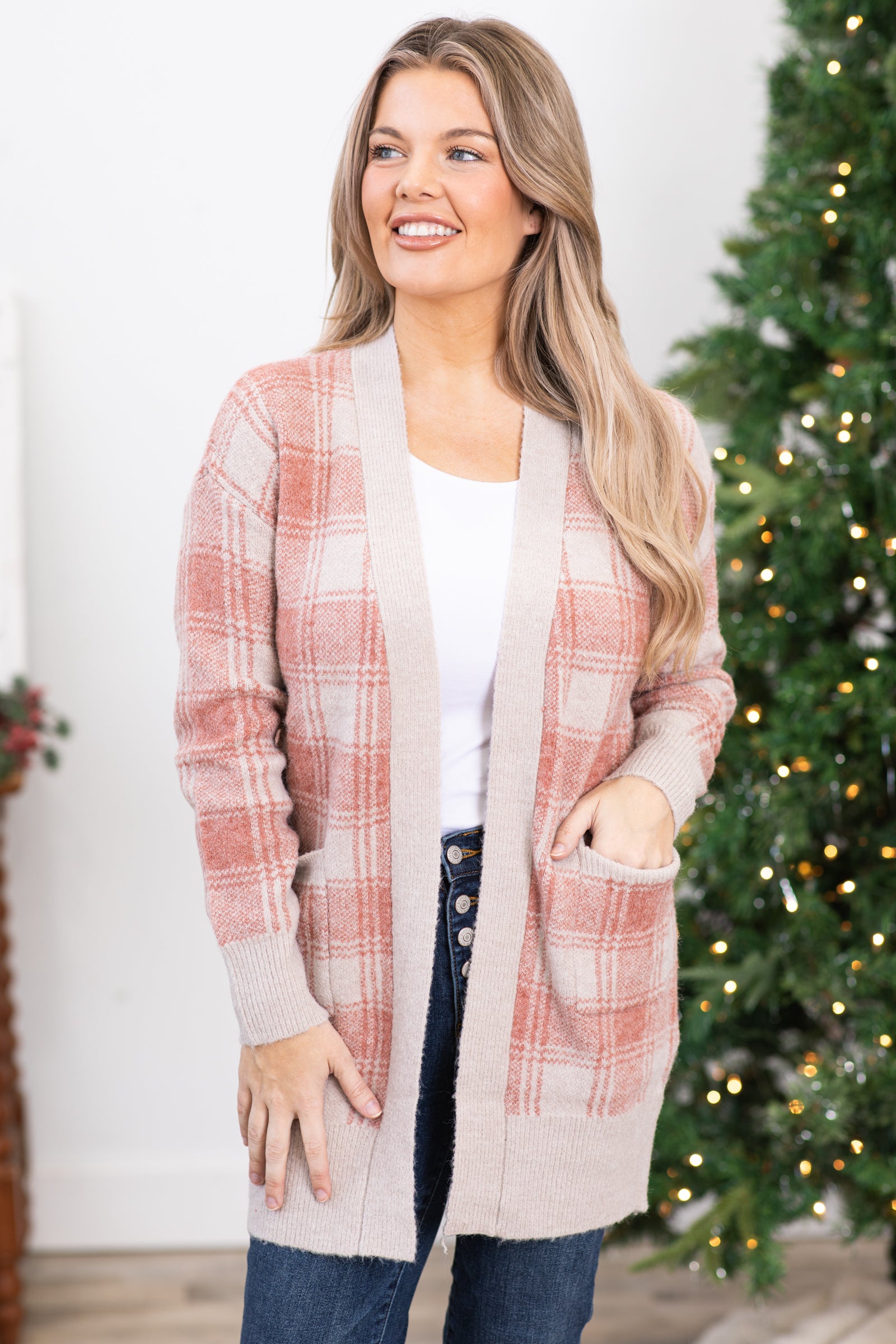 Dusty Rose and Beige Plaid Cardigan