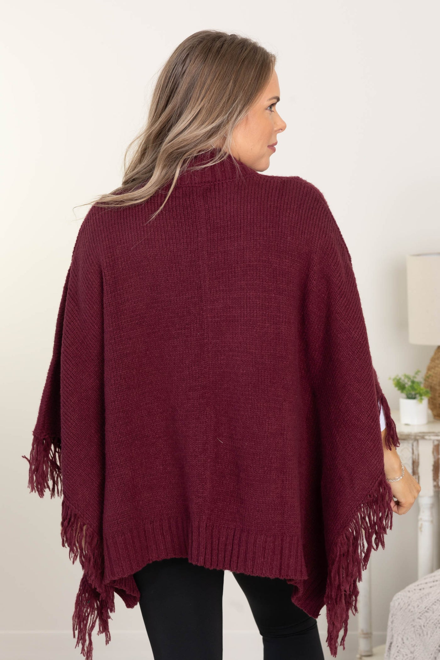 Burgundy Poncho Top With Fringe Detail