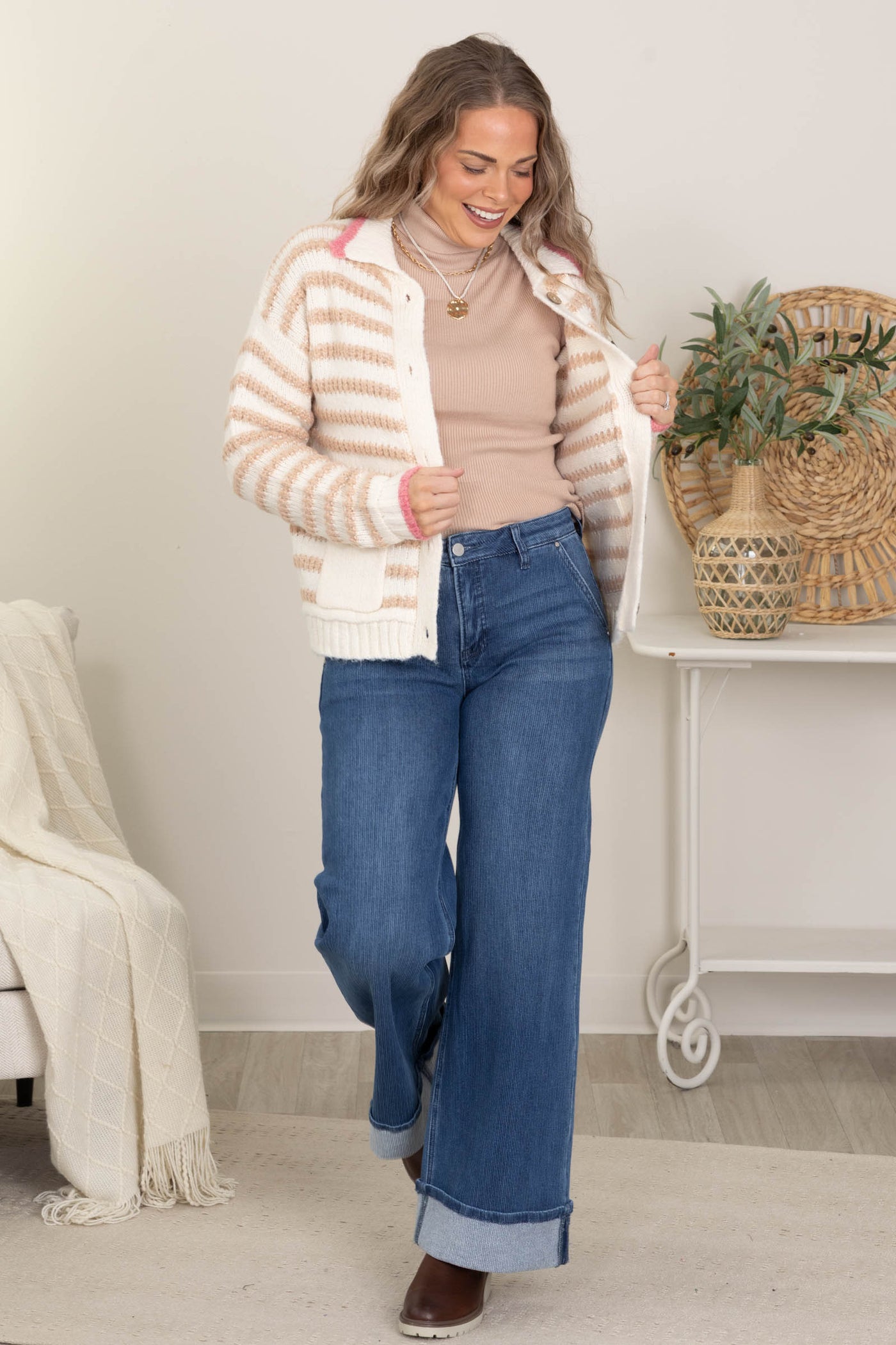 Ivory Button Down Striped Sweater Cardigan