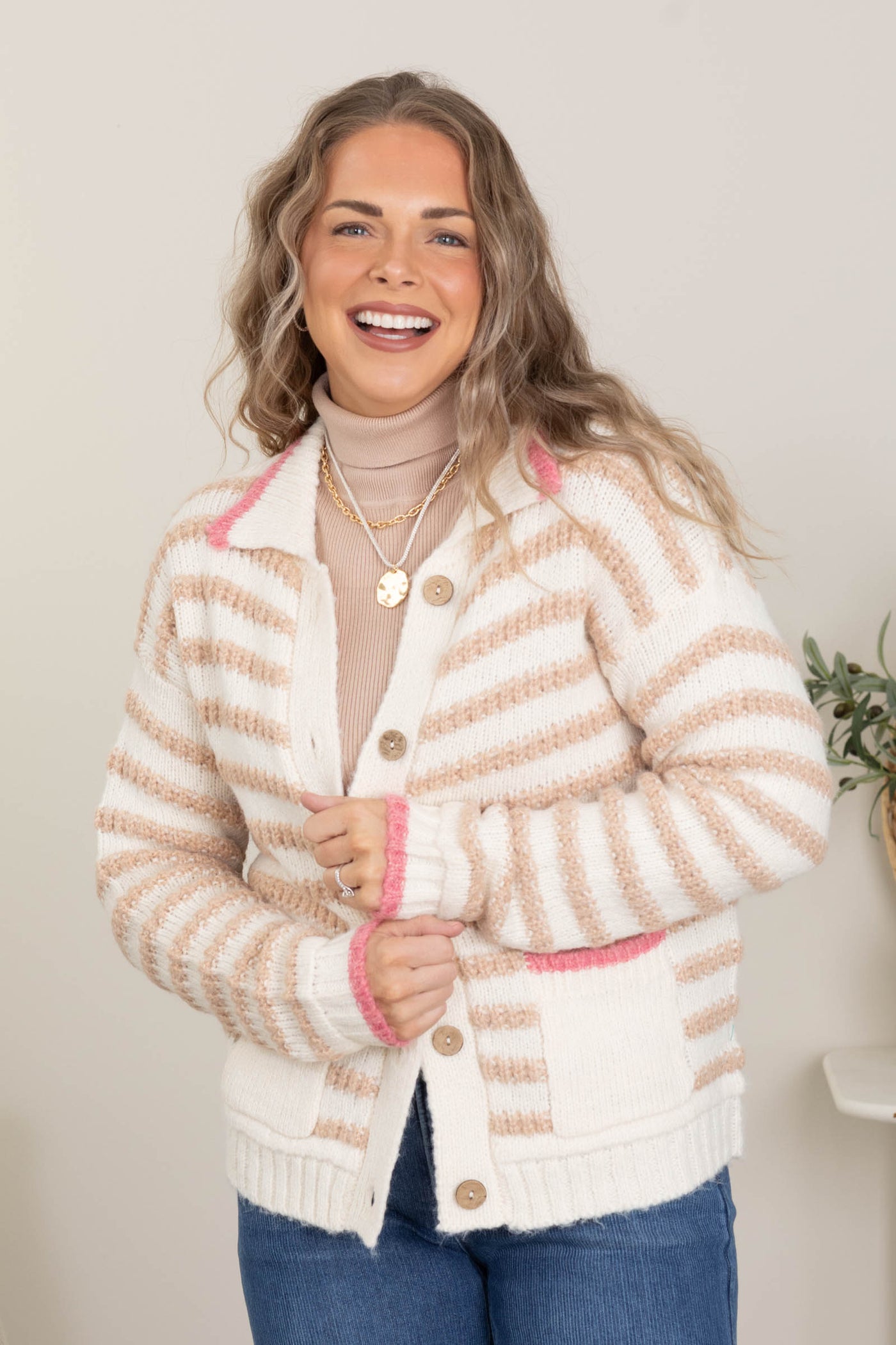 Ivory Button Down Striped Sweater Cardigan