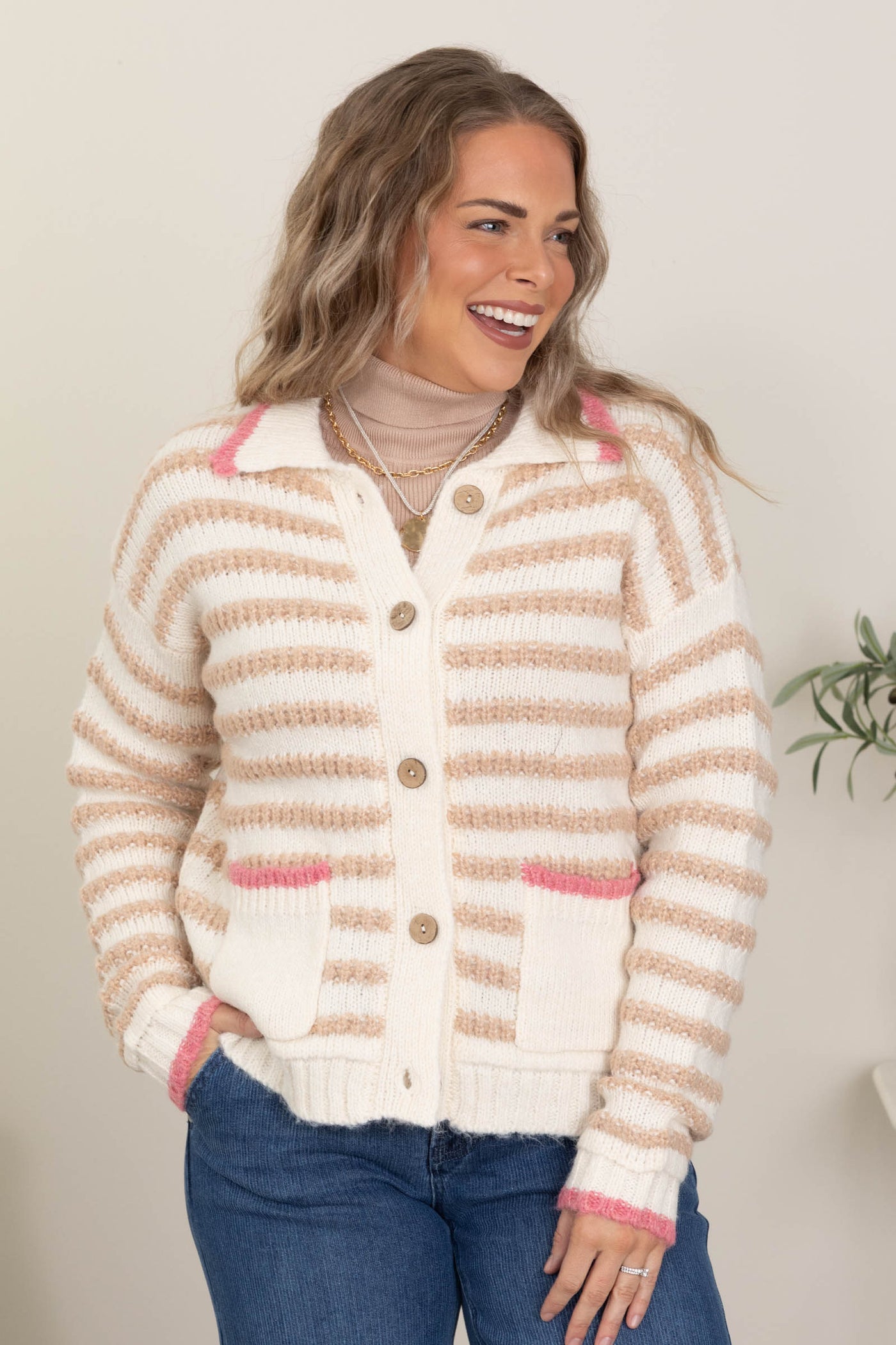 Ivory Button Down Striped Sweater Cardigan