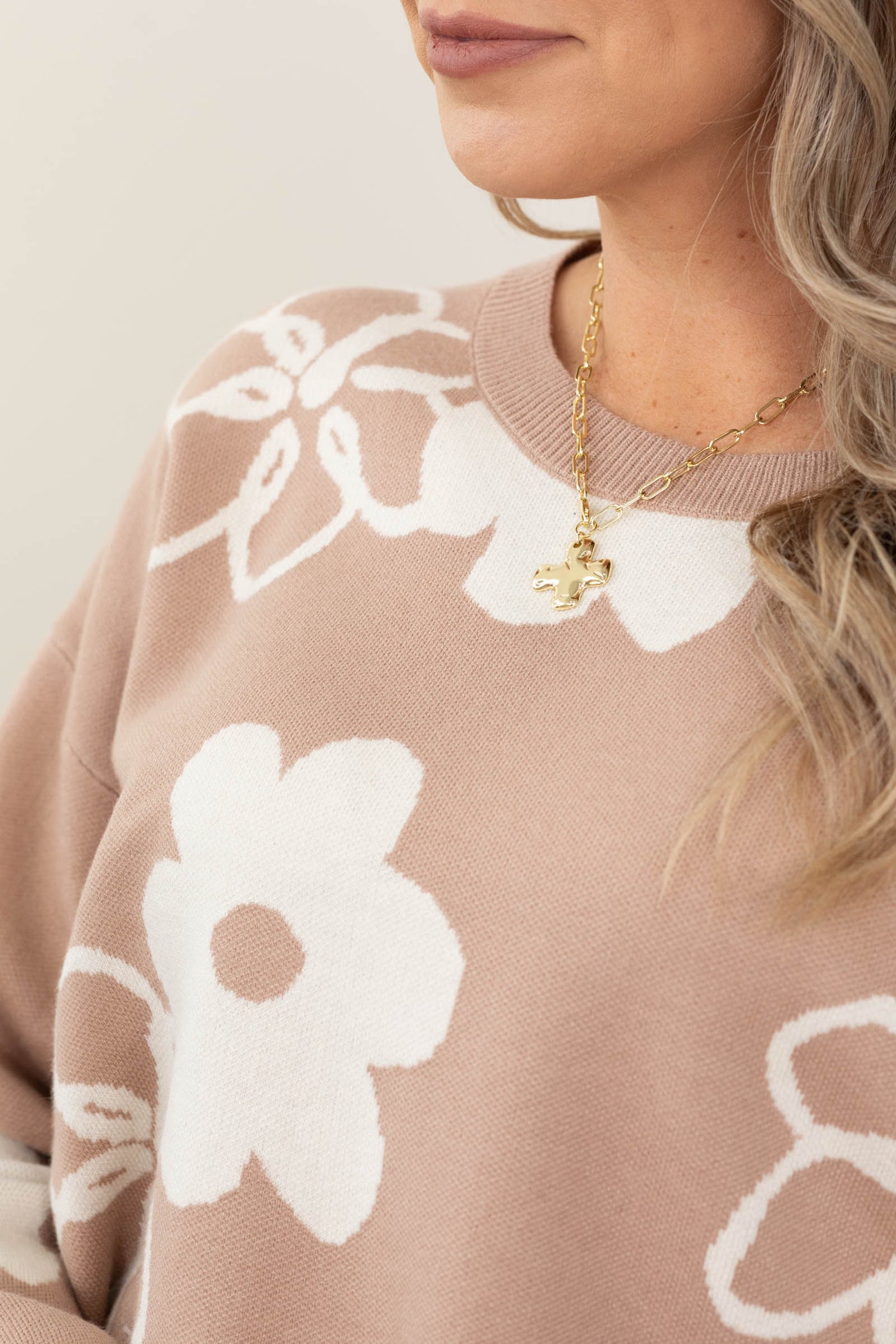 Light Mocha Floral Jacquard Oversized Sweater