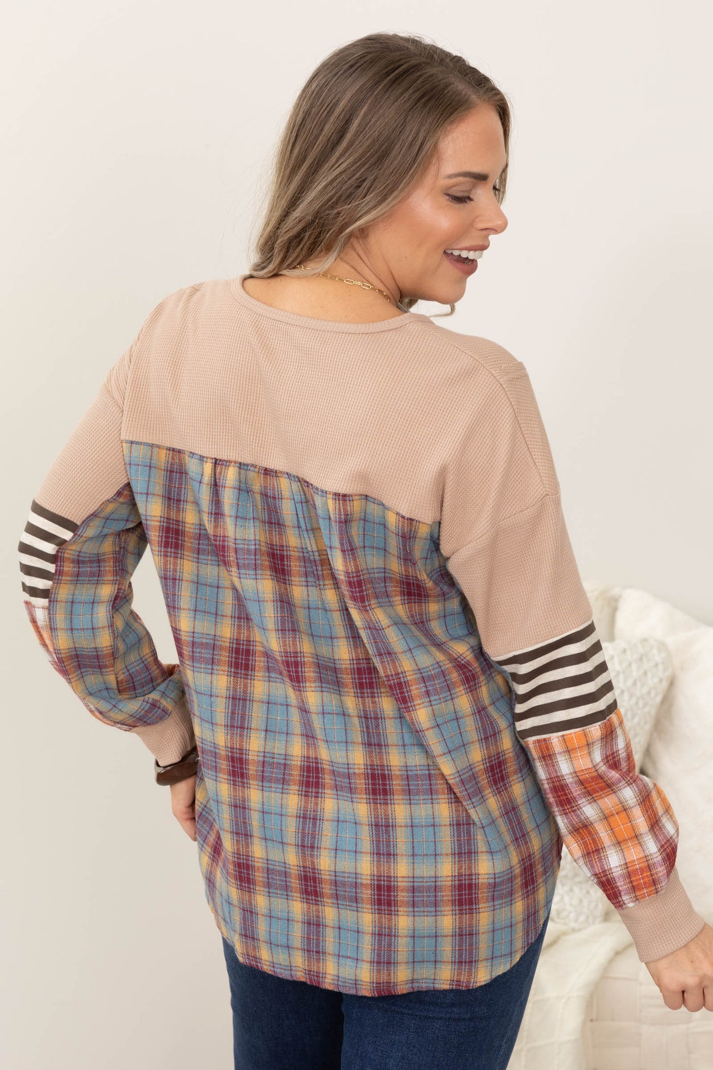 Tan Waffle Knit Top With Stripe And Plaid