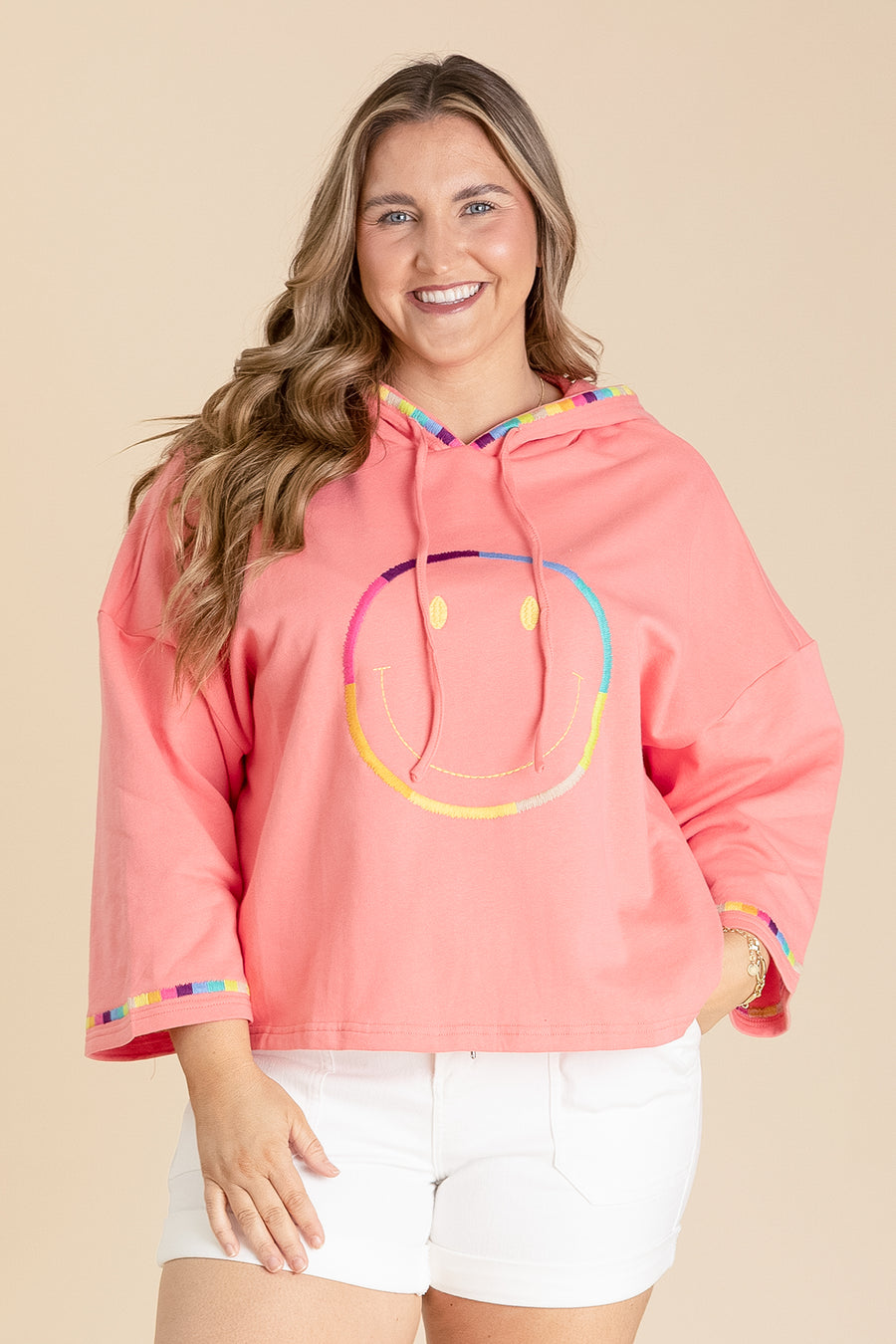 Coral Pink Quarter Sleeve Smiley Face Hoodie