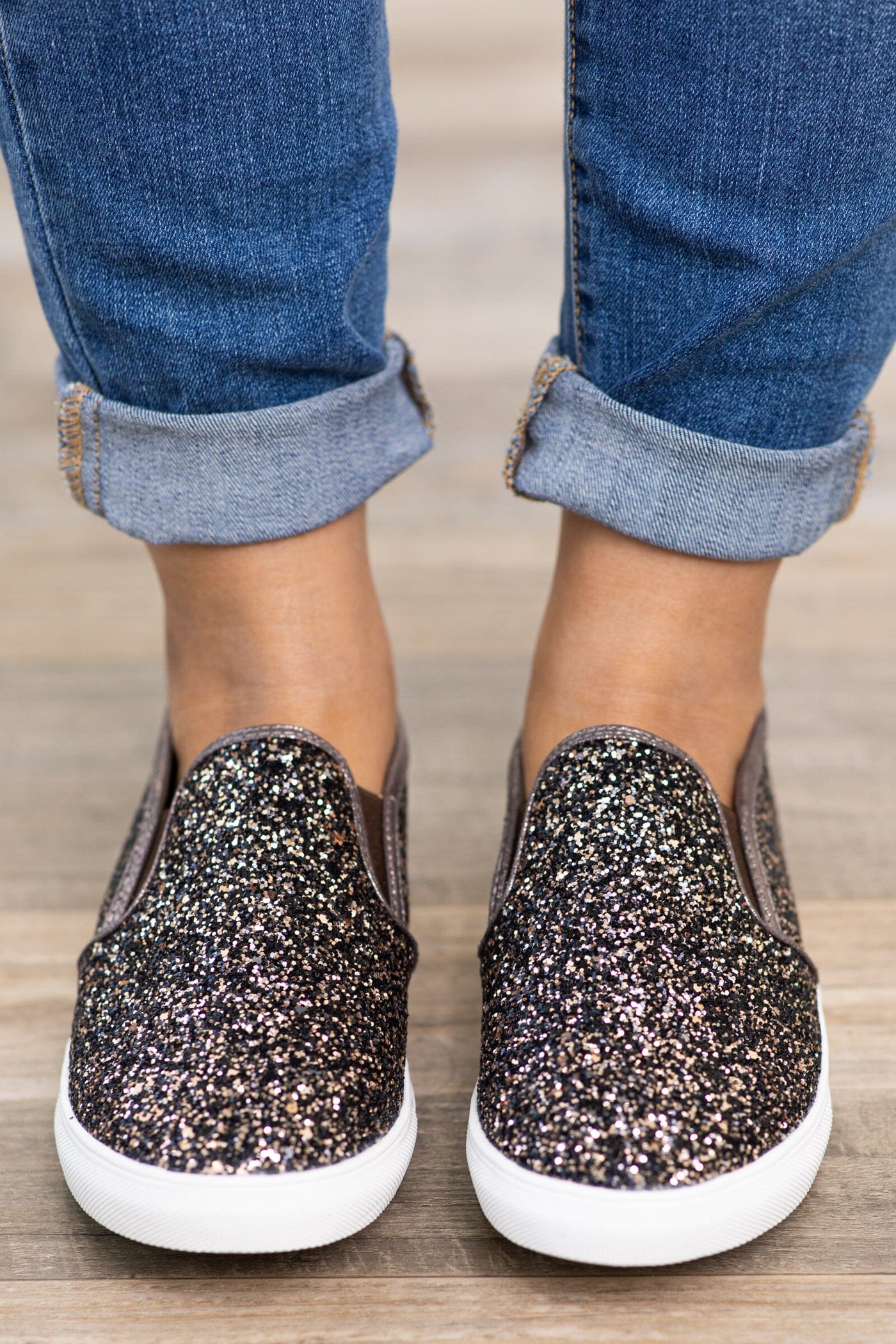 Black and Gold Glitter Slip On Sneakers - Filly Flair