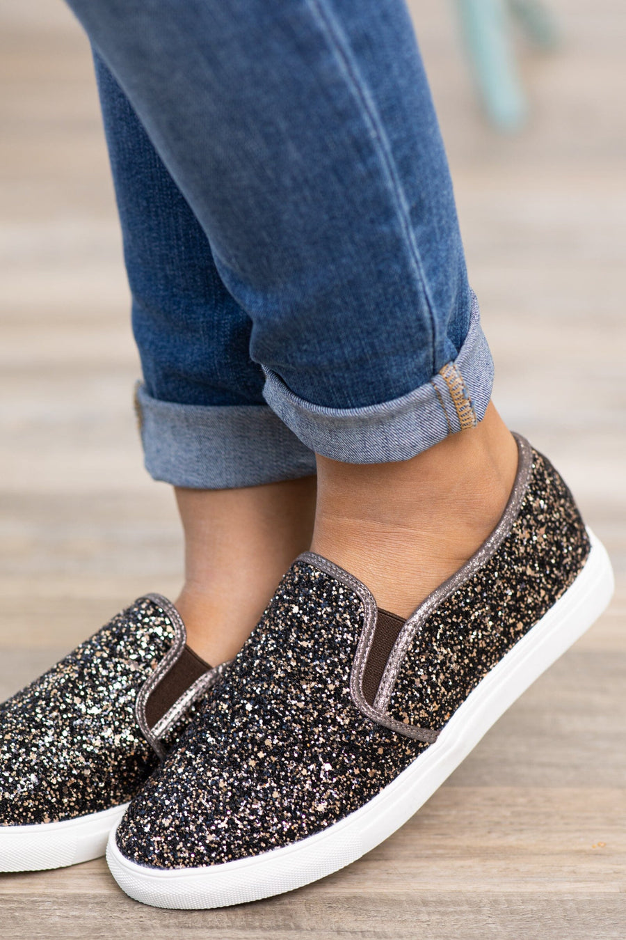 Black and Gold Glitter Slip On Sneakers - Filly Flair