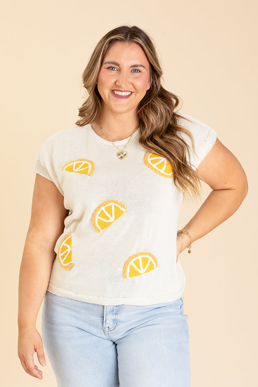 Cream With Lemons Knit Light Sweater Top