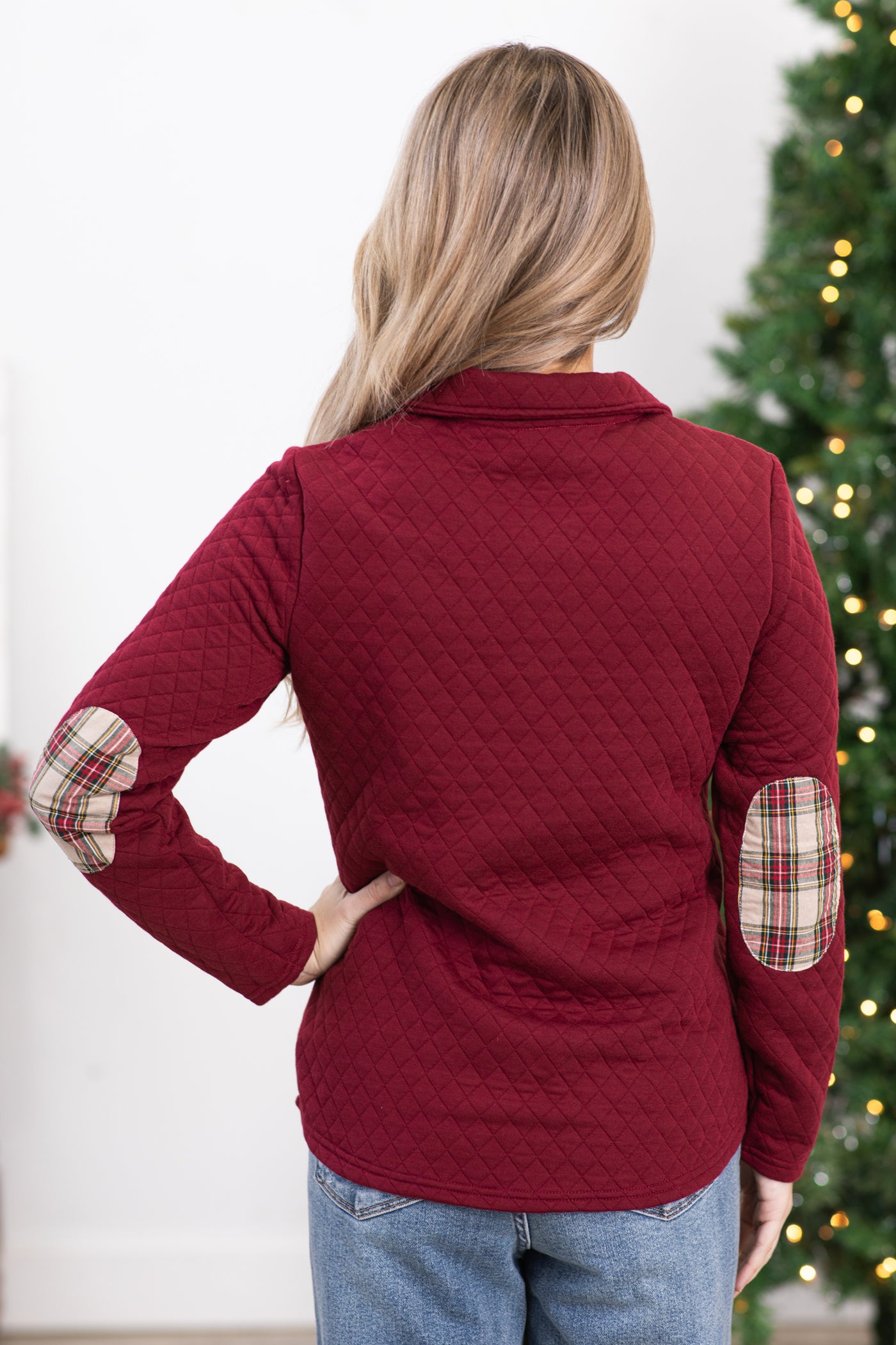 Burgundy Quilted Pullover With Plaid
