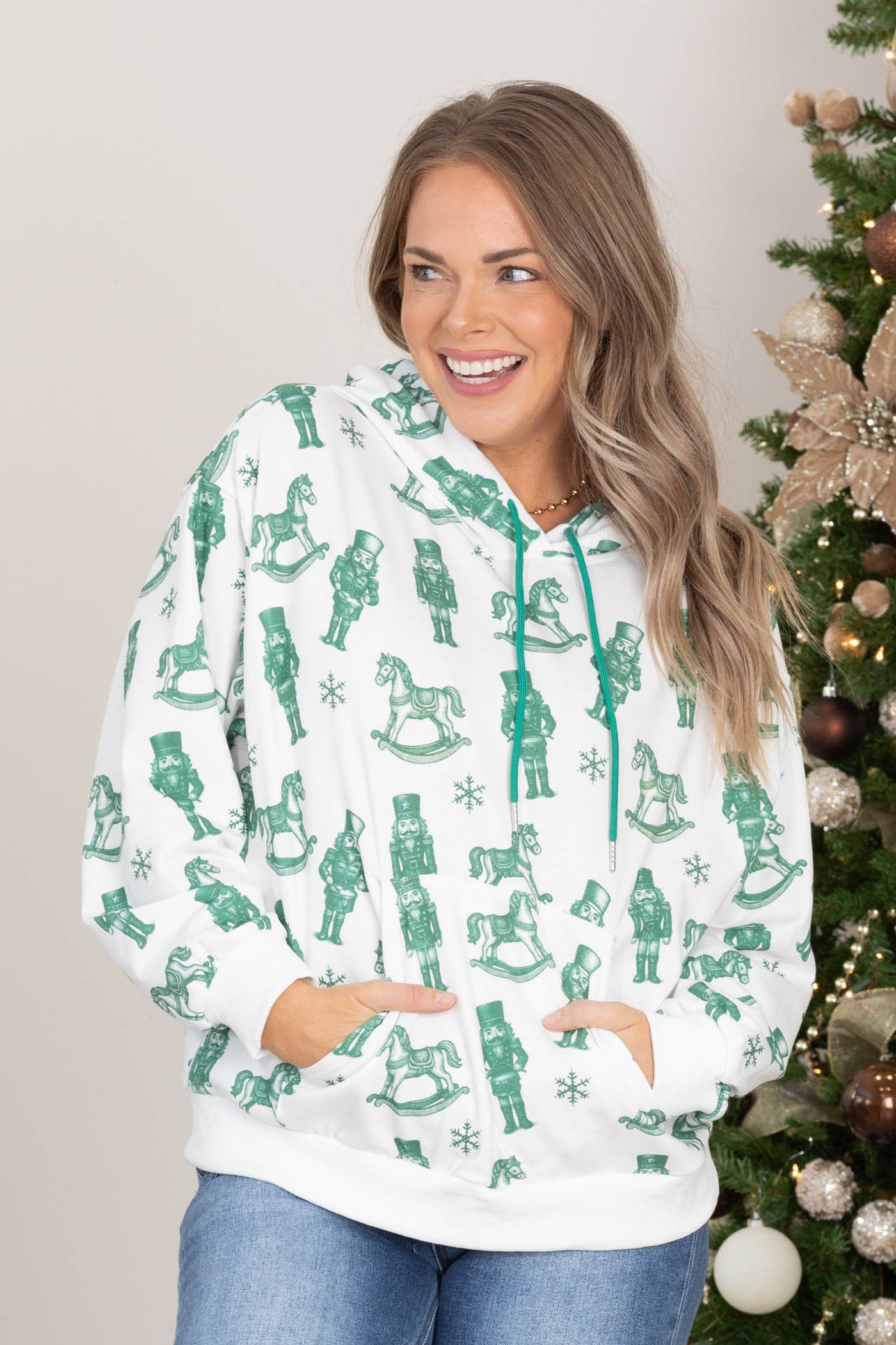 White With Hunter Green Nutcrackers Knit Hoodie