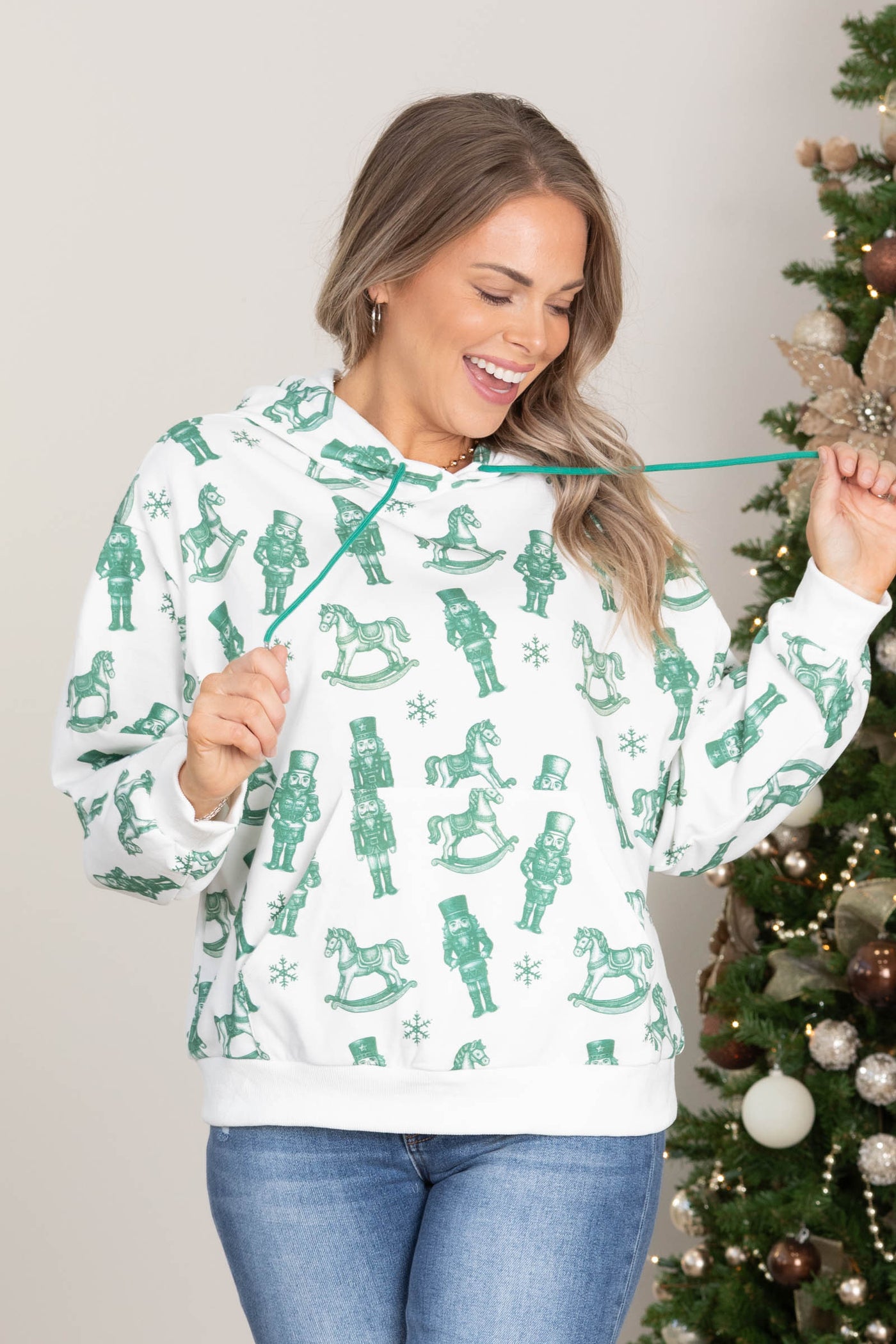 White With Hunter Green Nutcrackers Knit Hoodie