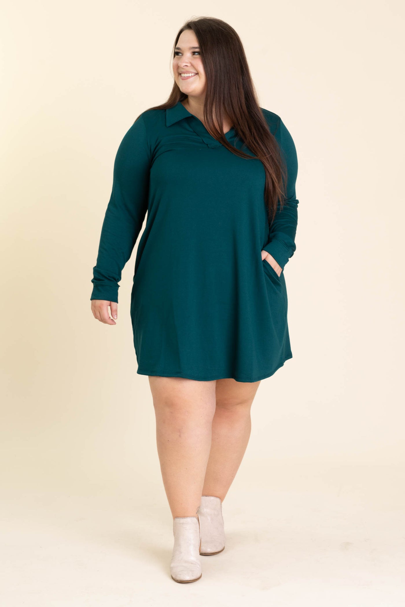 Collared Long Sleeve Knit Dresses With Pockets Collared Long Sleeve Knit Dresses With Pockets
