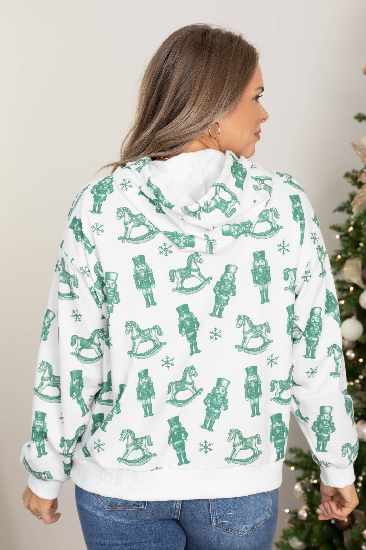 White With Hunter Green Nutcrackers Knit Hoodie