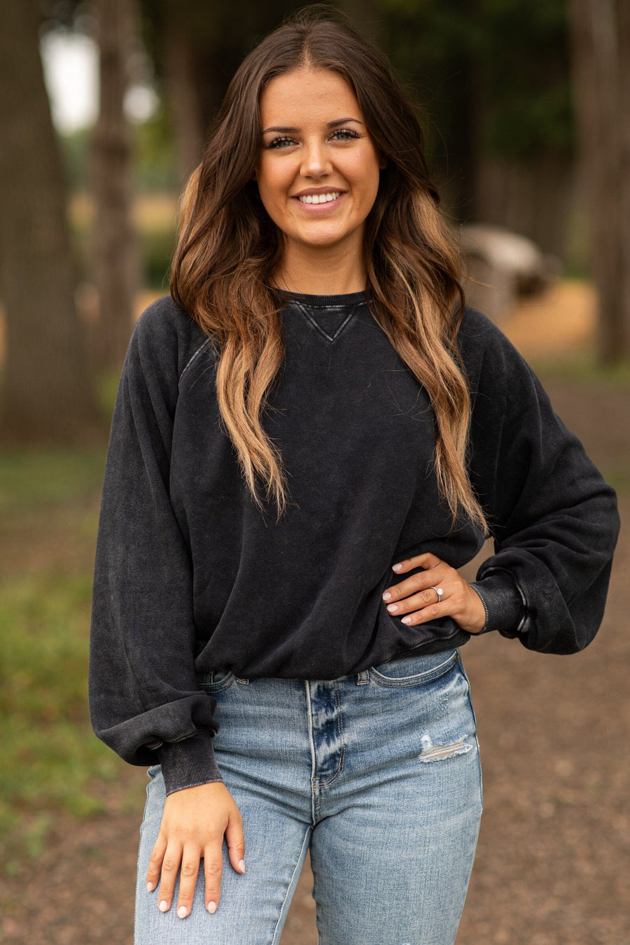 Black Washed Sweatshirt With Seam Detail - Filly Flair