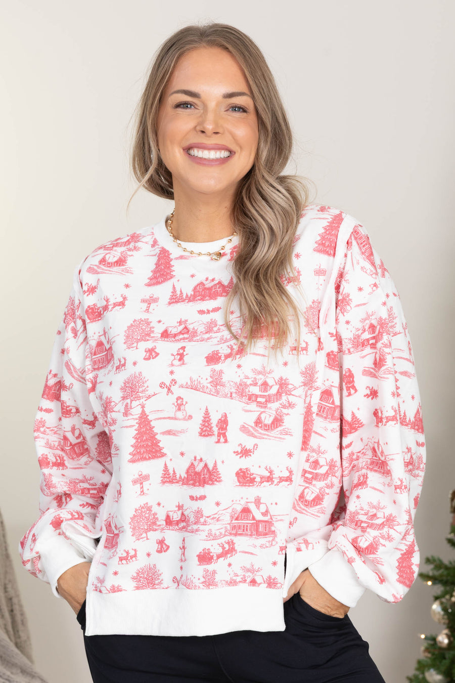 White With Red Christmas Toile Knit Top