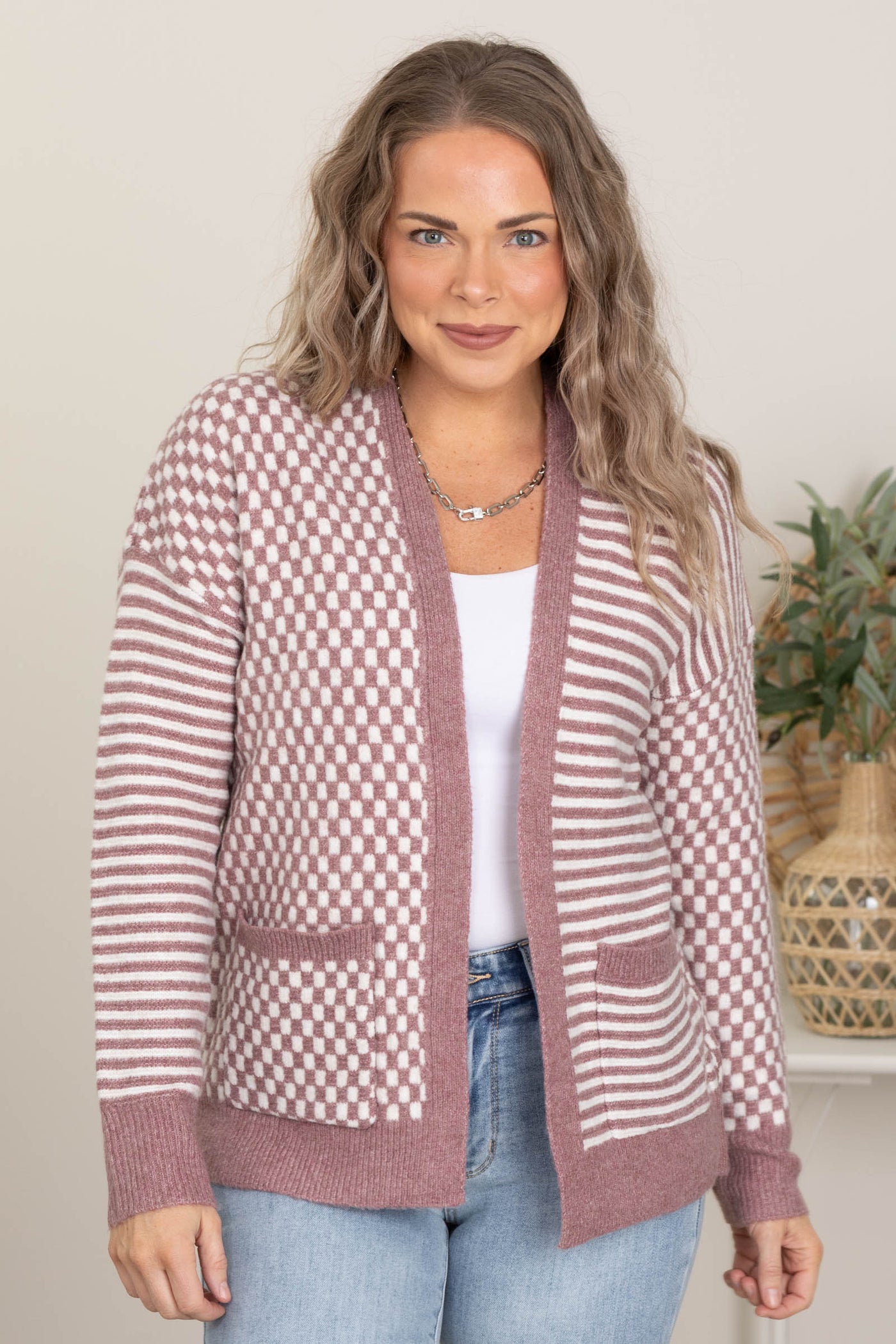 Dark Mauve Checkerboard And Stripe Cardigan