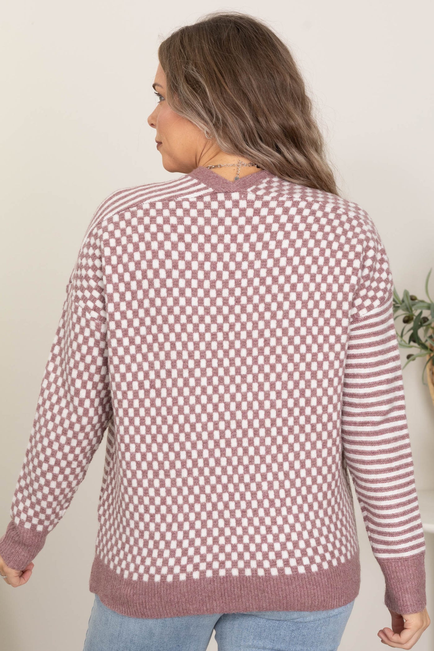 Dark Mauve Checkerboard And Stripe Cardigan