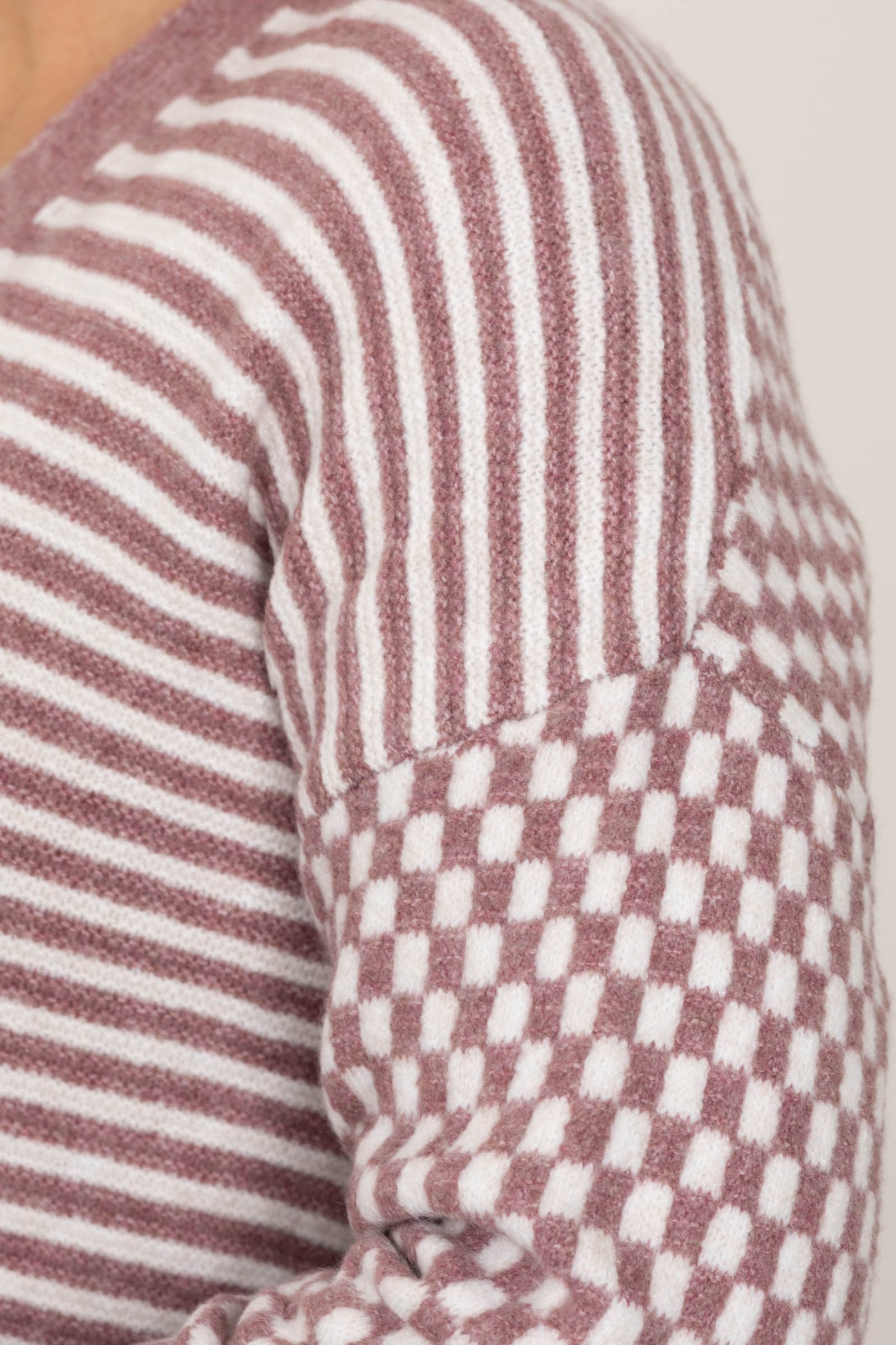 Dark Mauve Checkerboard And Stripe Cardigan