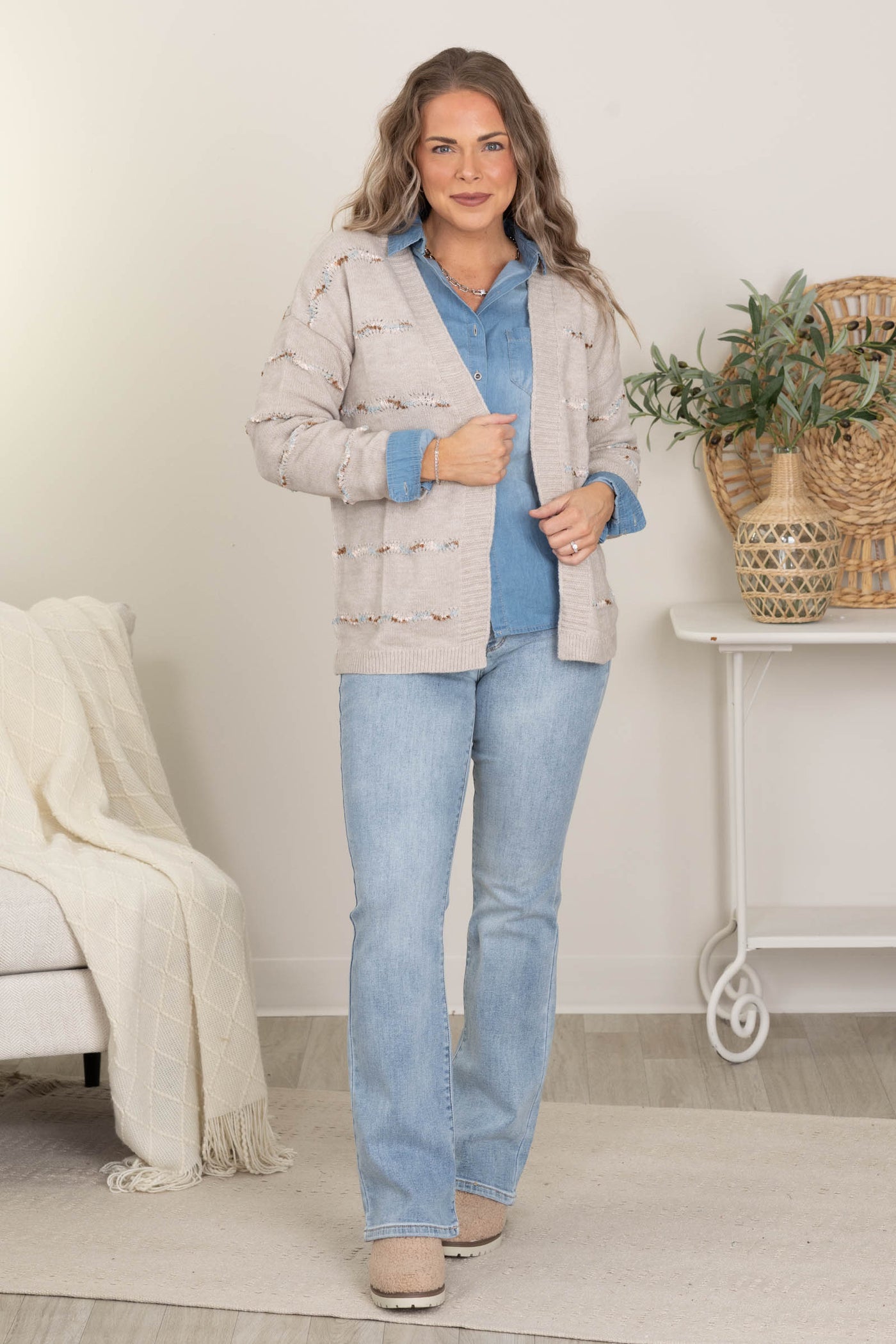 Oatmeal Popcorn Striped Sweater Cardigan