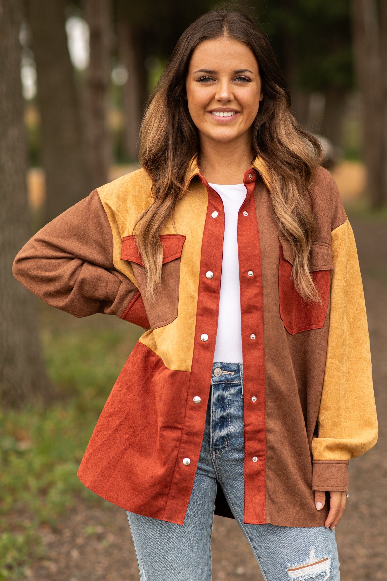 Rust and Mustard Colorblock Faux Suede Shacket - Filly Flair