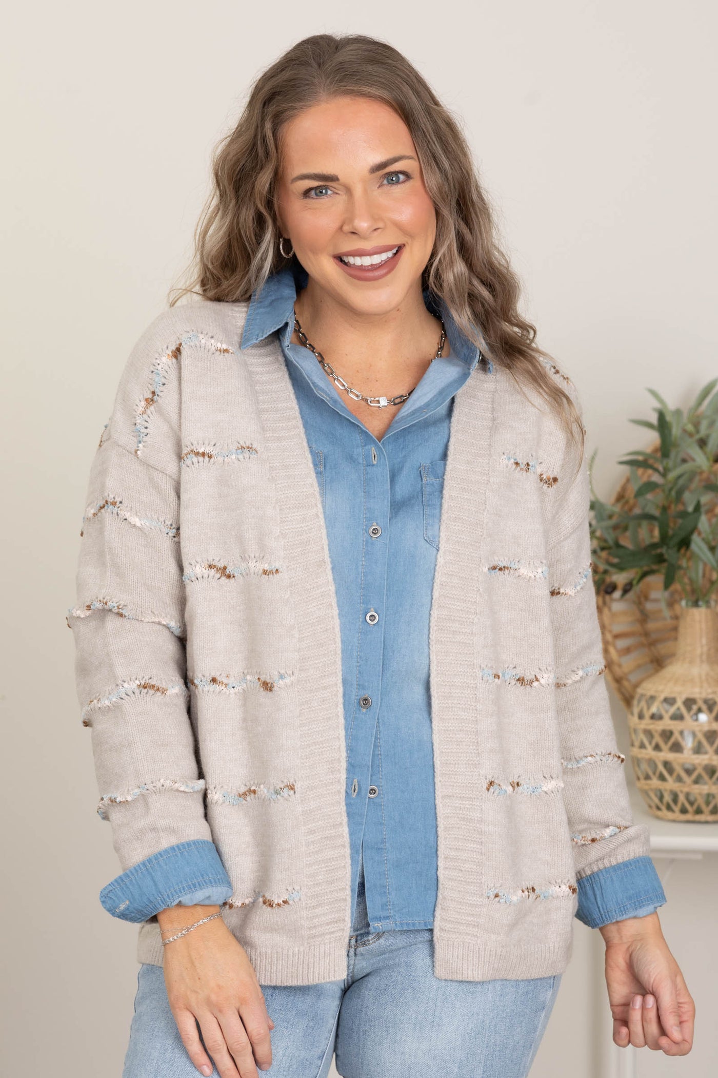 Oatmeal Popcorn Striped Sweater Cardigan